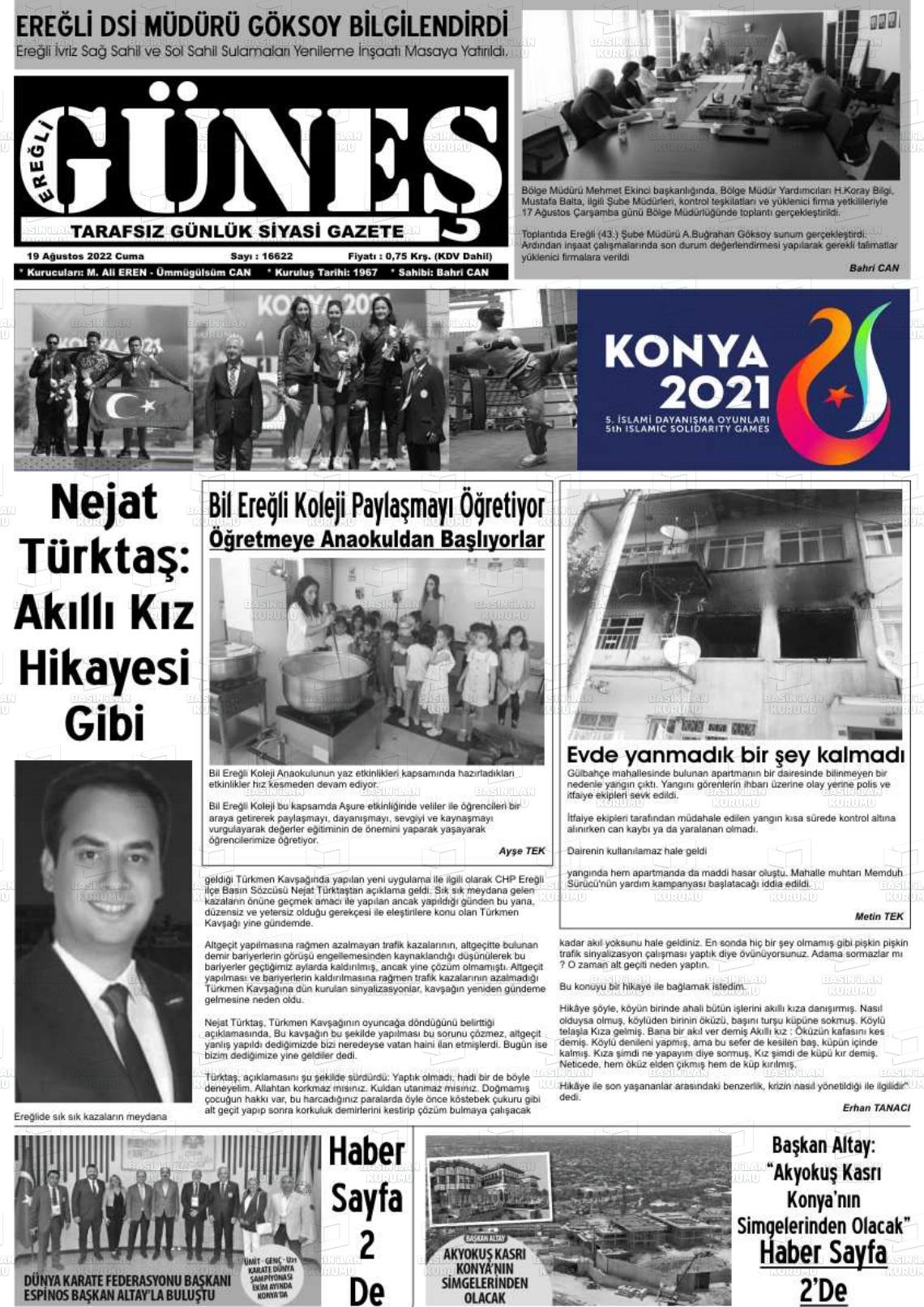 19 Ağustos 2022 Ereğli Güneş Gazete Manşeti