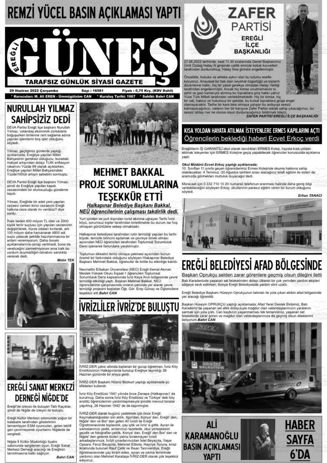 29 Haziran 2022 Ereğli Güneş Gazete Manşeti