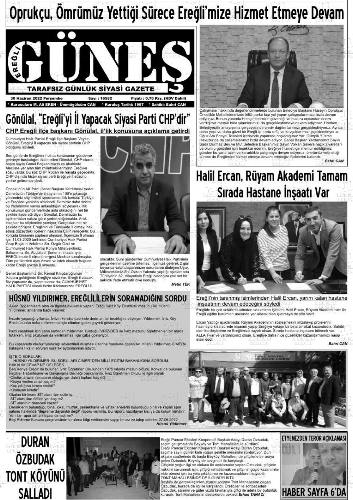 02 Temmuz 2022 Ereğli Güneş Gazete Manşeti