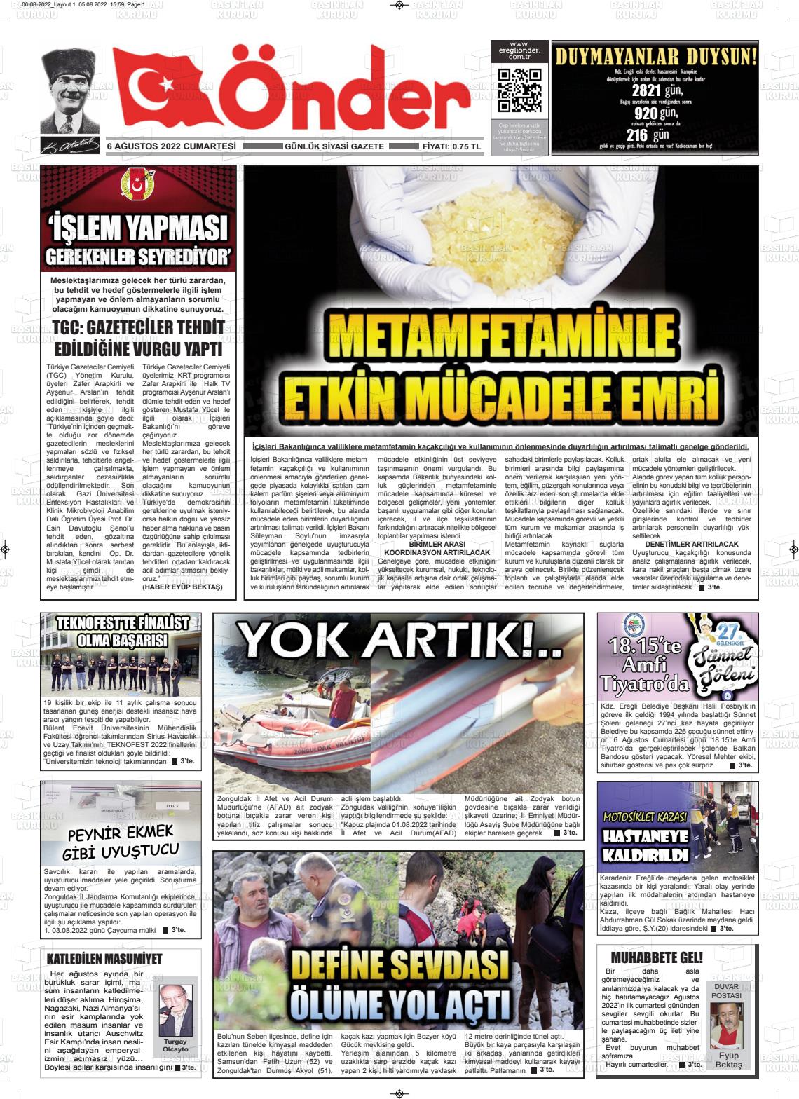 06 Ağustos 2022 Zonguldak Önder Gazete Manşeti
