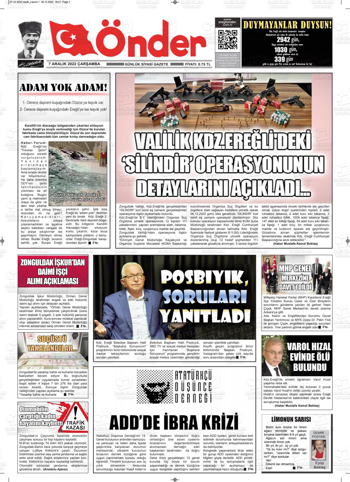 07 Aralık 2022 Zonguldak Önder Gazete Manşeti