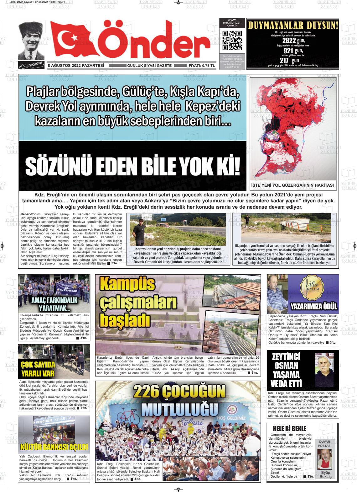 08 Ağustos 2022 Zonguldak Önder Gazete Manşeti