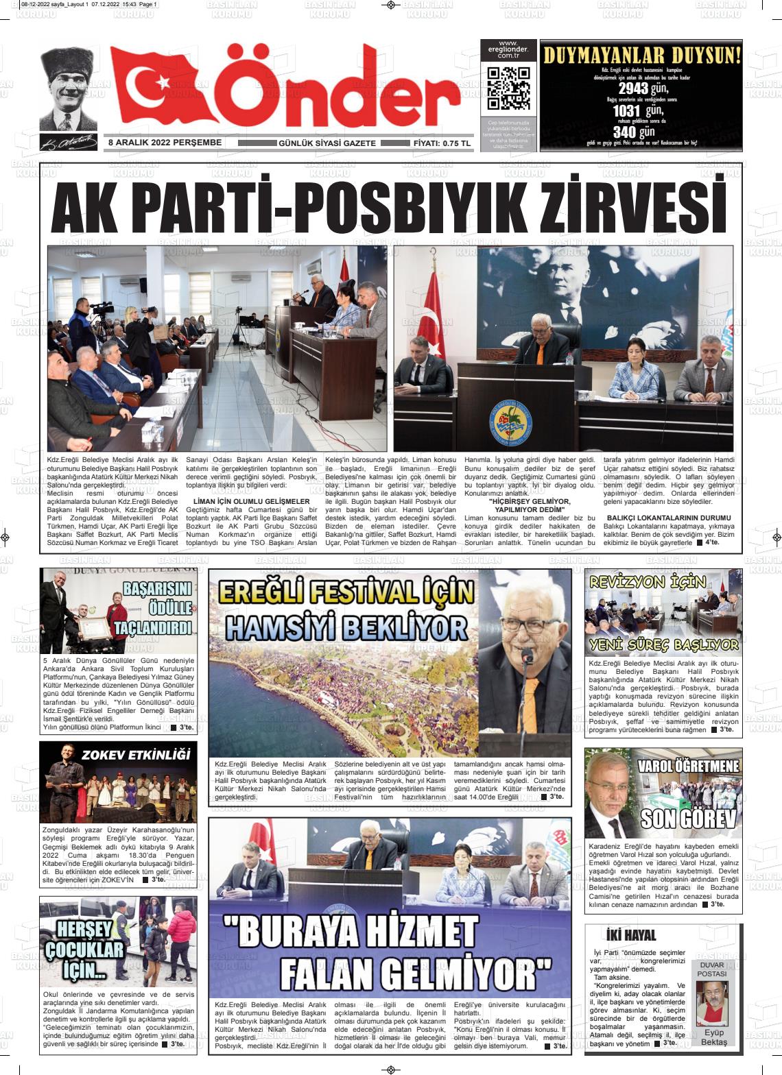 08 Aralık 2022 Zonguldak Önder Gazete Manşeti