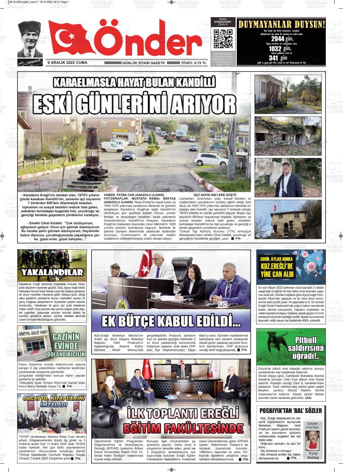 09 Aralık 2022 Zonguldak Önder Gazete Manşeti