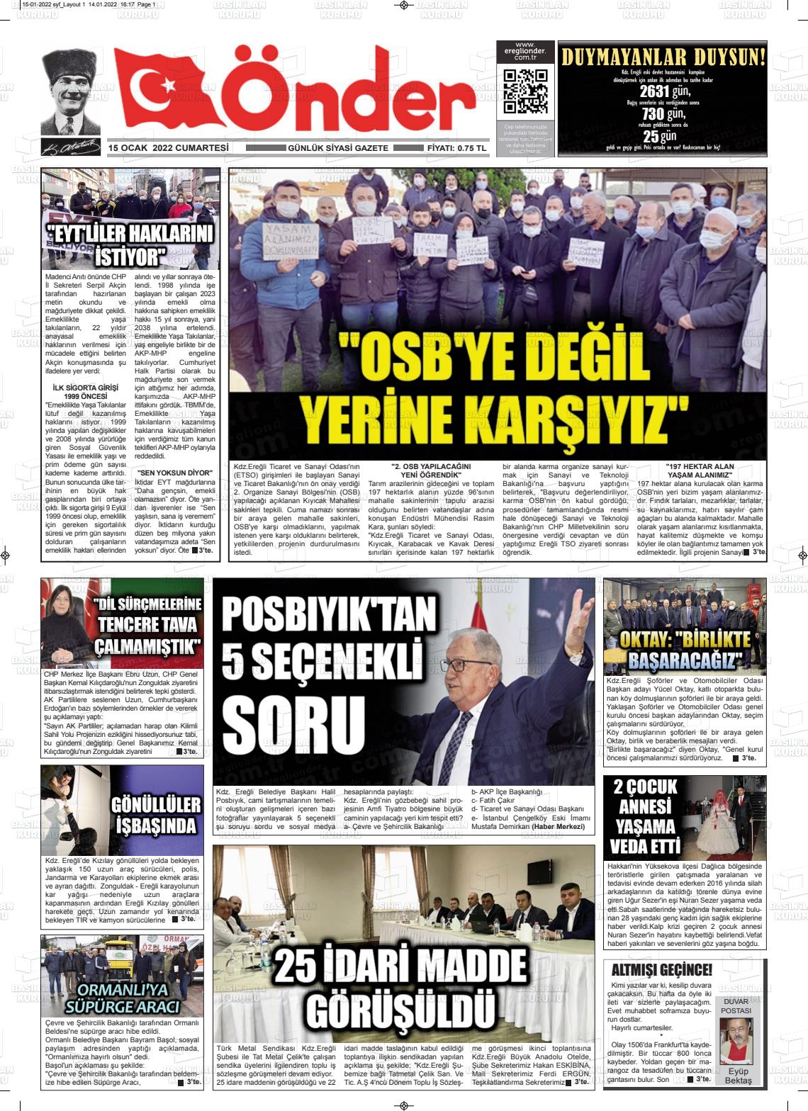 15 Ocak 2022 Zonguldak Önder Gazete Manşeti