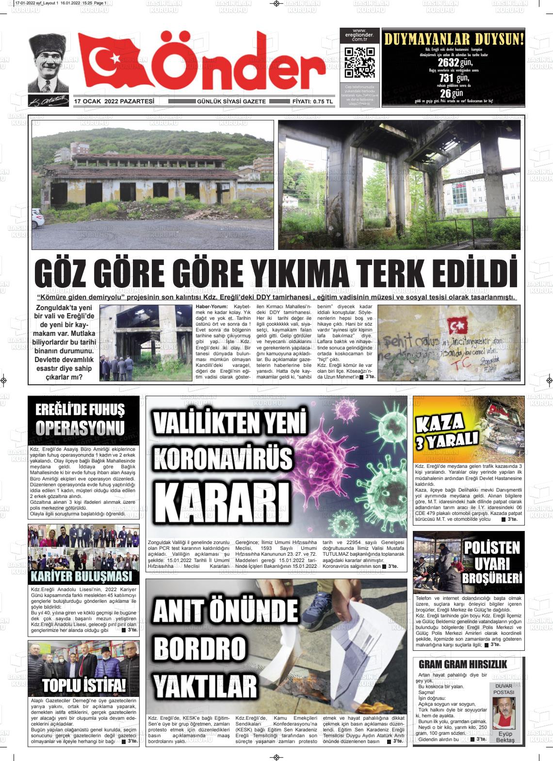 17 Ocak 2022 Zonguldak Önder Gazete Manşeti