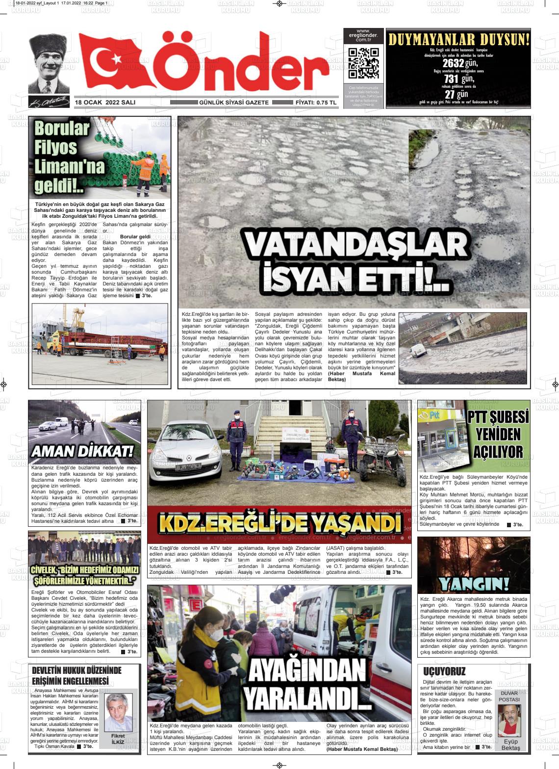 18 Ocak 2022 Zonguldak Önder Gazete Manşeti