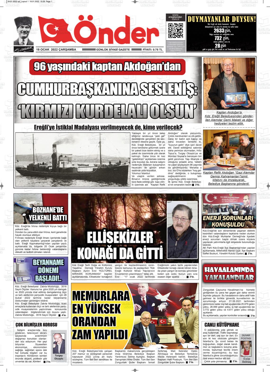 19 Ocak 2022 Zonguldak Önder Gazete Manşeti