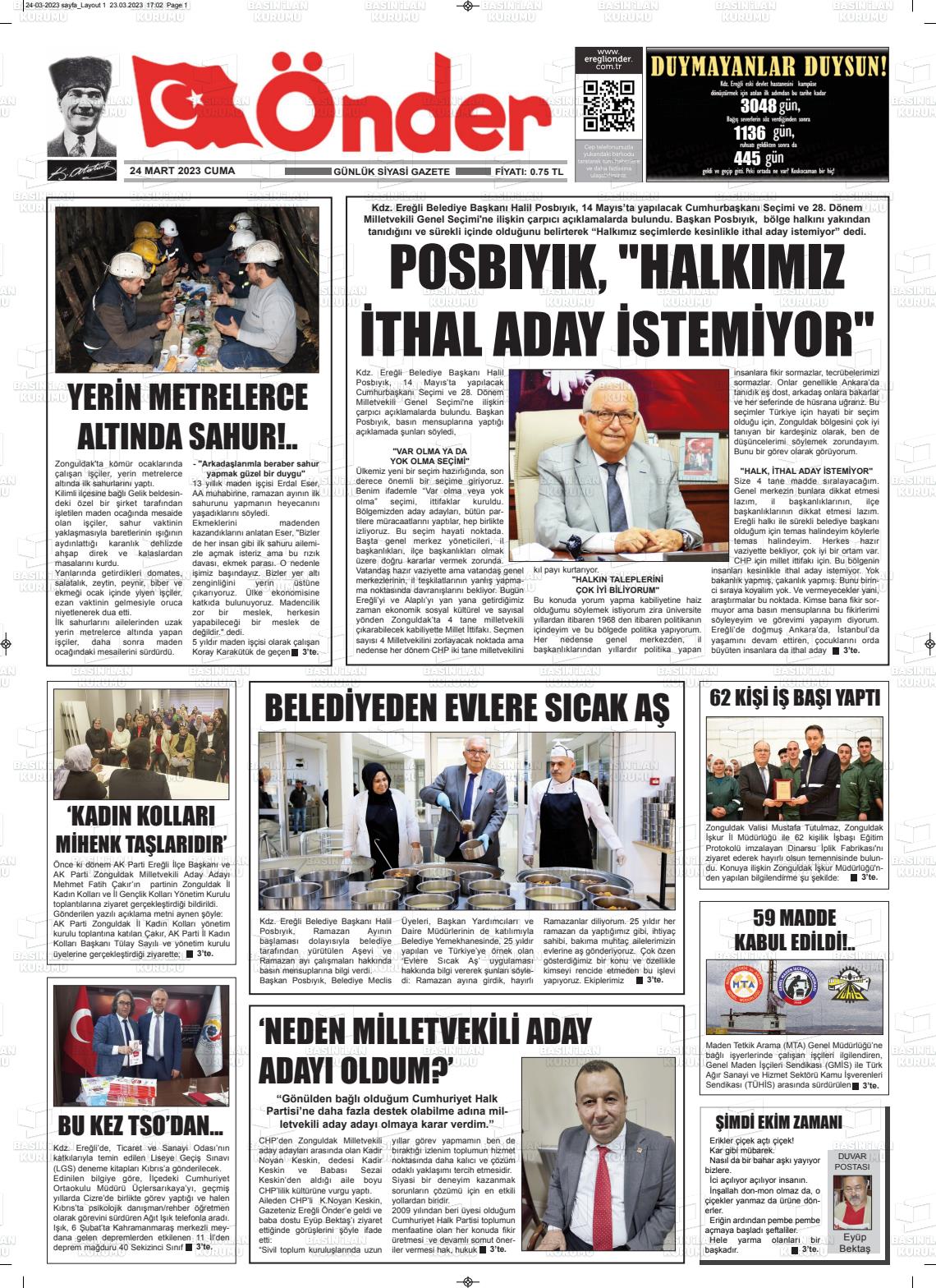 24 Mart 2023 Zonguldak Önder Gazete Manşeti