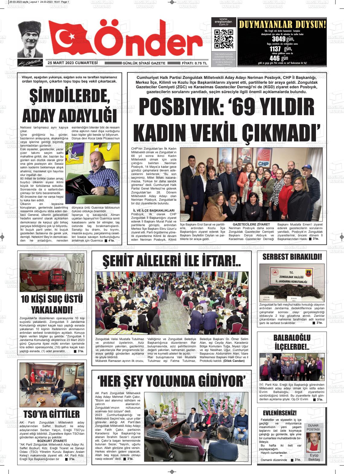 25 Mart 2023 Zonguldak Önder Gazete Manşeti