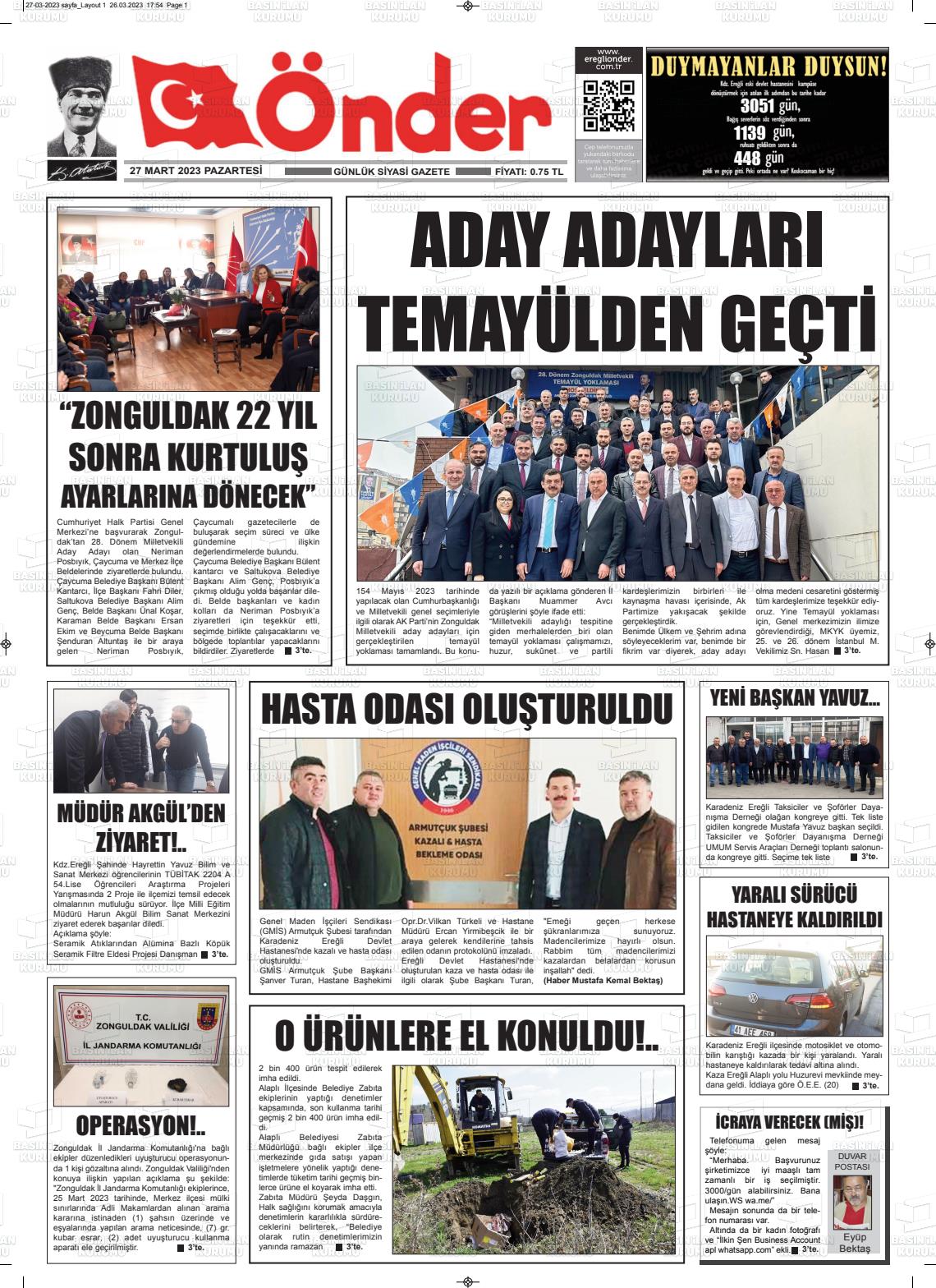 27 Mart 2023 Zonguldak Önder Gazete Manşeti
