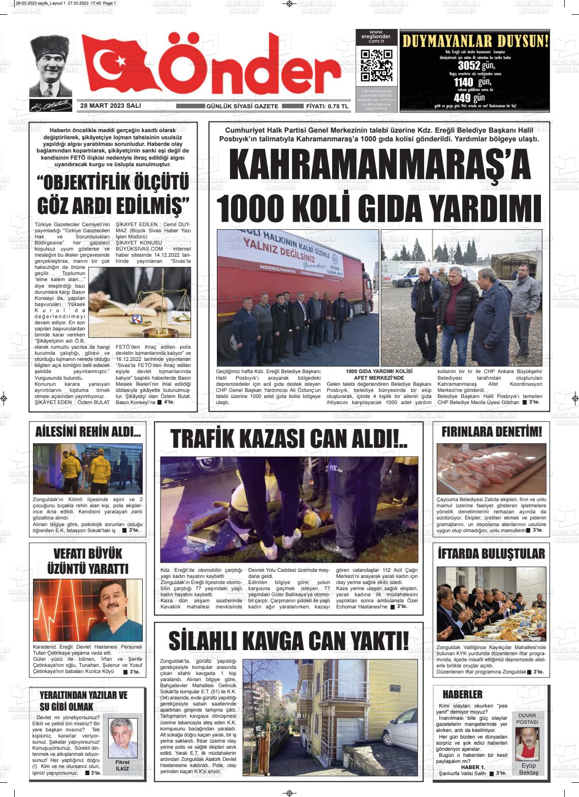28 Mart 2023 Zonguldak Önder Gazete Manşeti