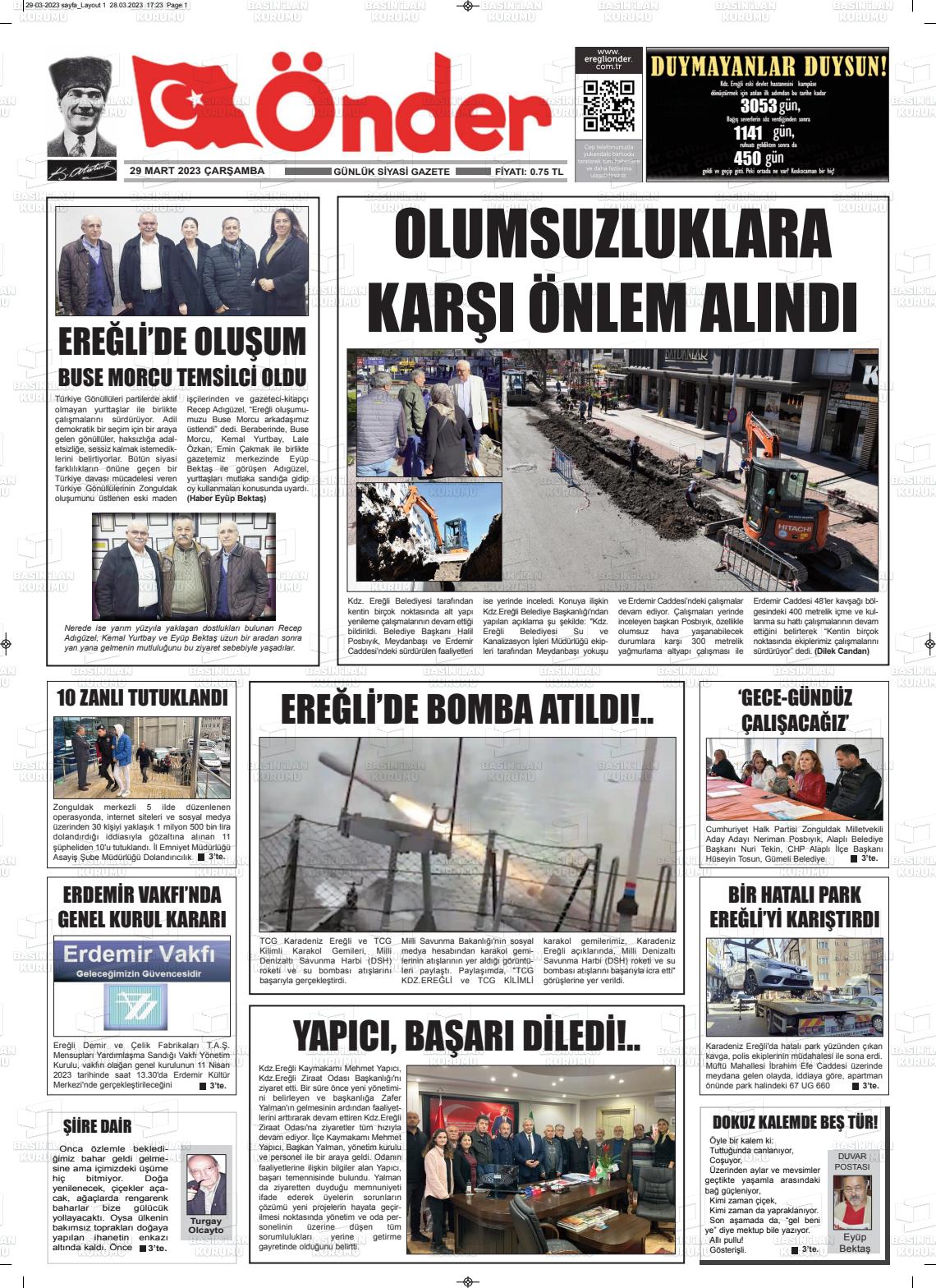 29 Mart 2023 Zonguldak Önder Gazete Manşeti