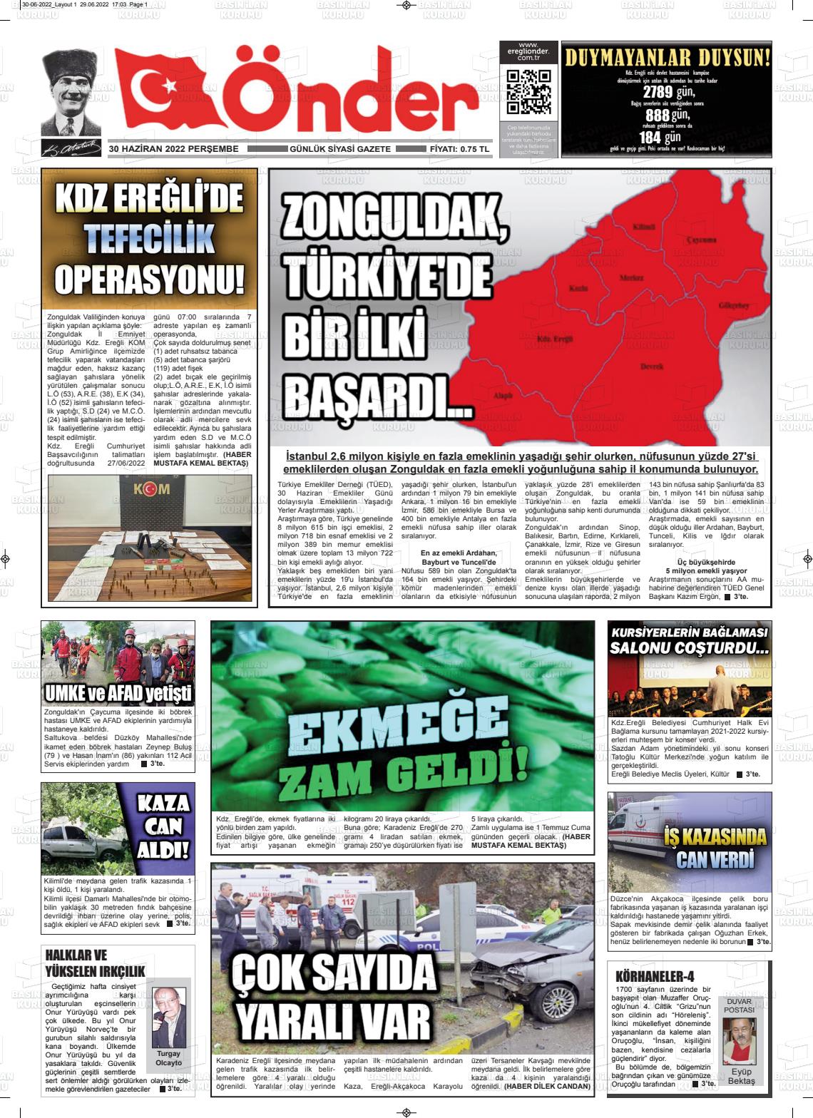 02 Temmuz 2022 Zonguldak Önder Gazete Manşeti