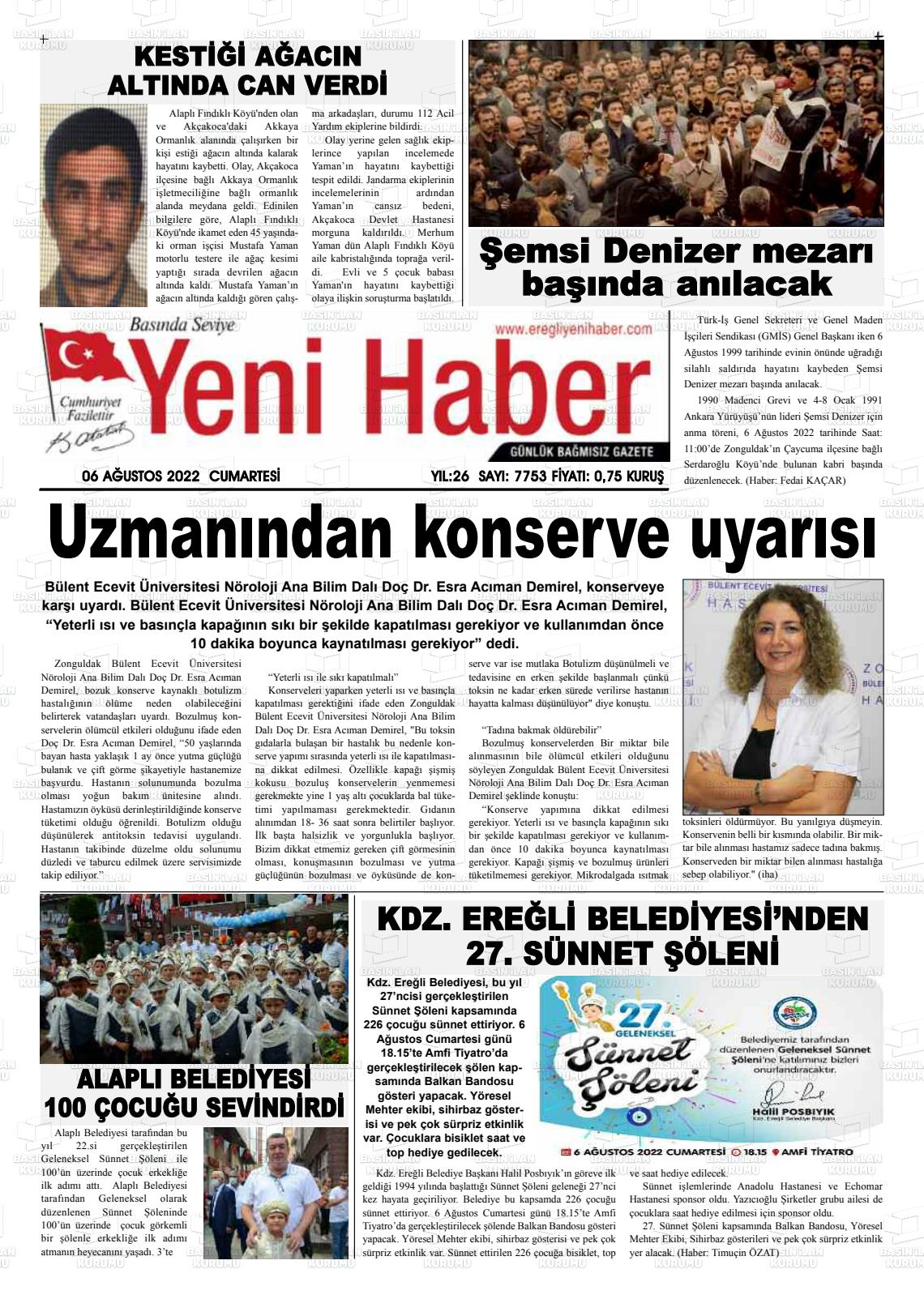 06 Ağustos 2022 Ereğli Yeni Haber Gazete Manşeti