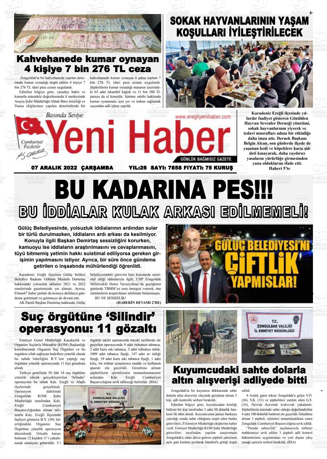 07 Aralık 2022 Ereğli Yeni Haber Gazete Manşeti