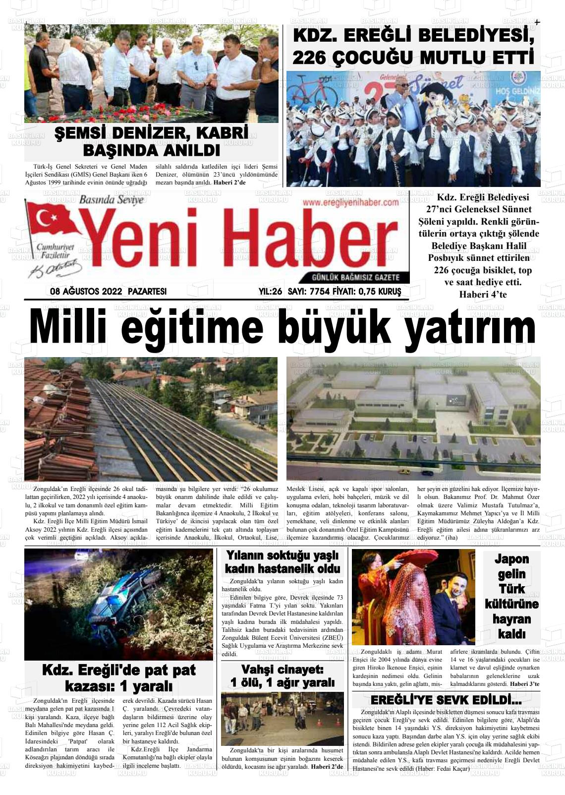08 Ağustos 2022 Ereğli Yeni Haber Gazete Manşeti