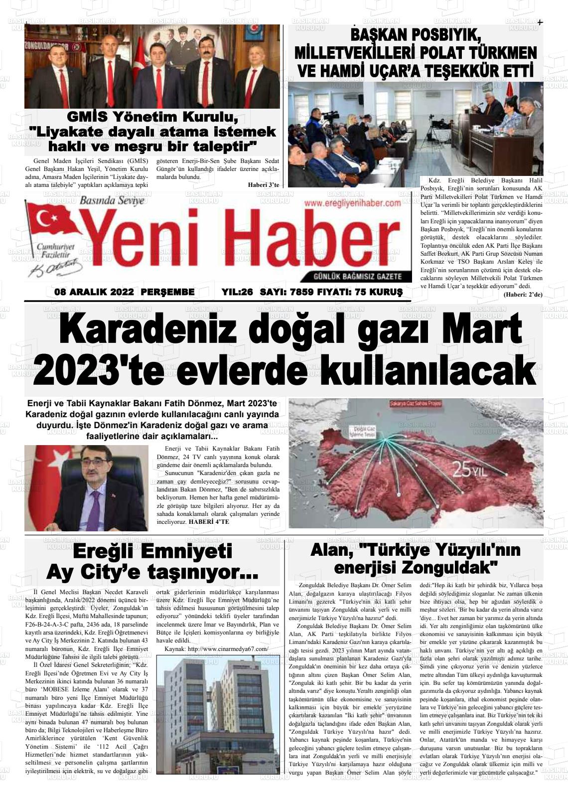 08 Aralık 2022 Ereğli Yeni Haber Gazete Manşeti