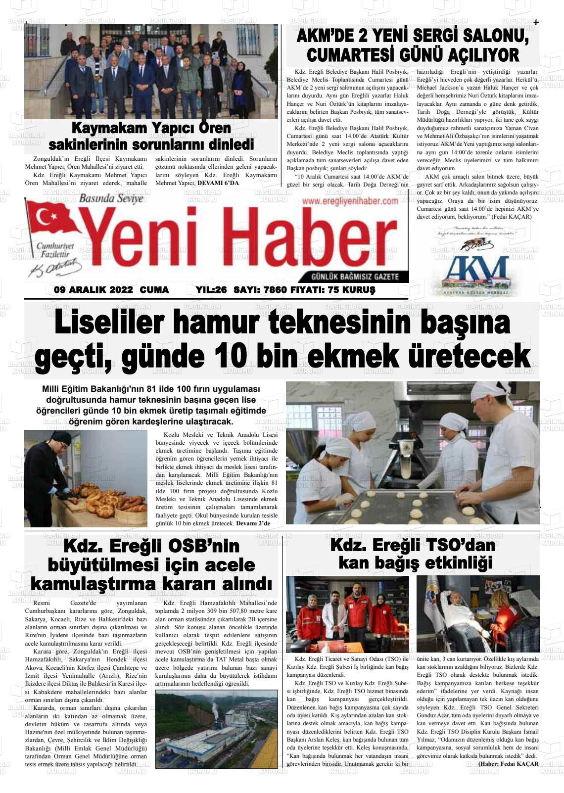 09 Aralık 2022 Ereğli Yeni Haber Gazete Manşeti