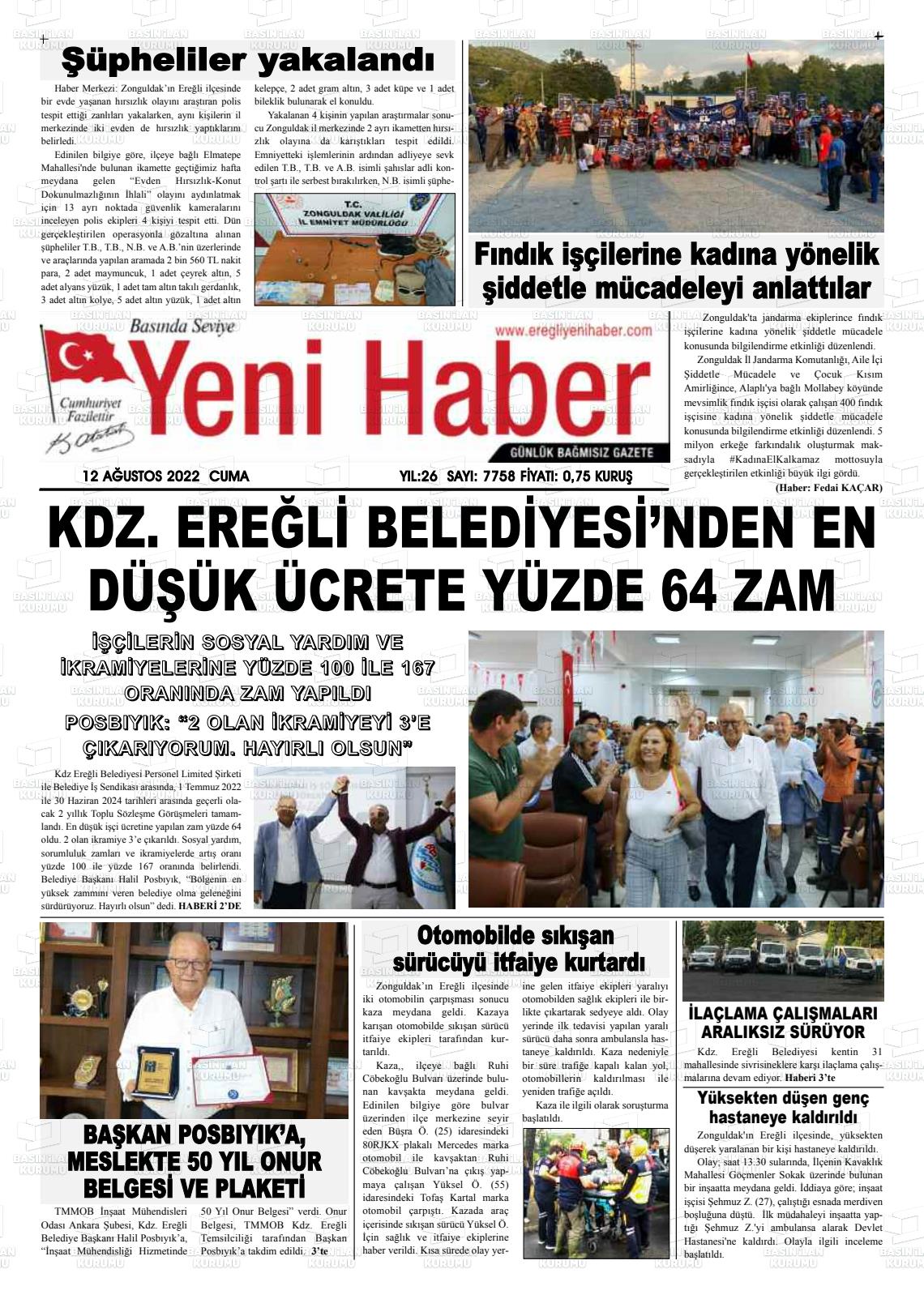 12 Ağustos 2022 Ereğli Yeni Haber Gazete Manşeti