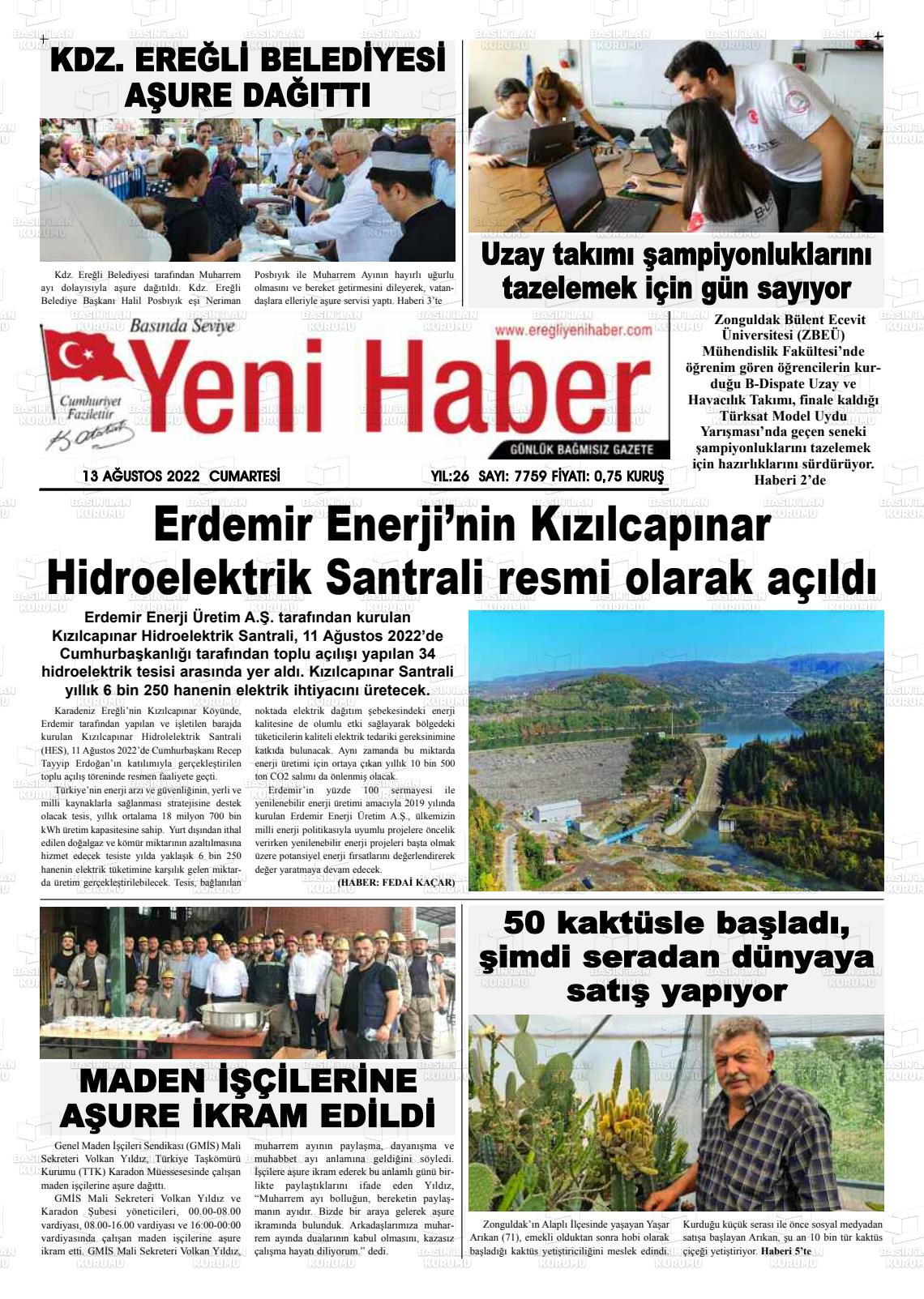 Ereğli Yeni Haber Gazete Manşeti