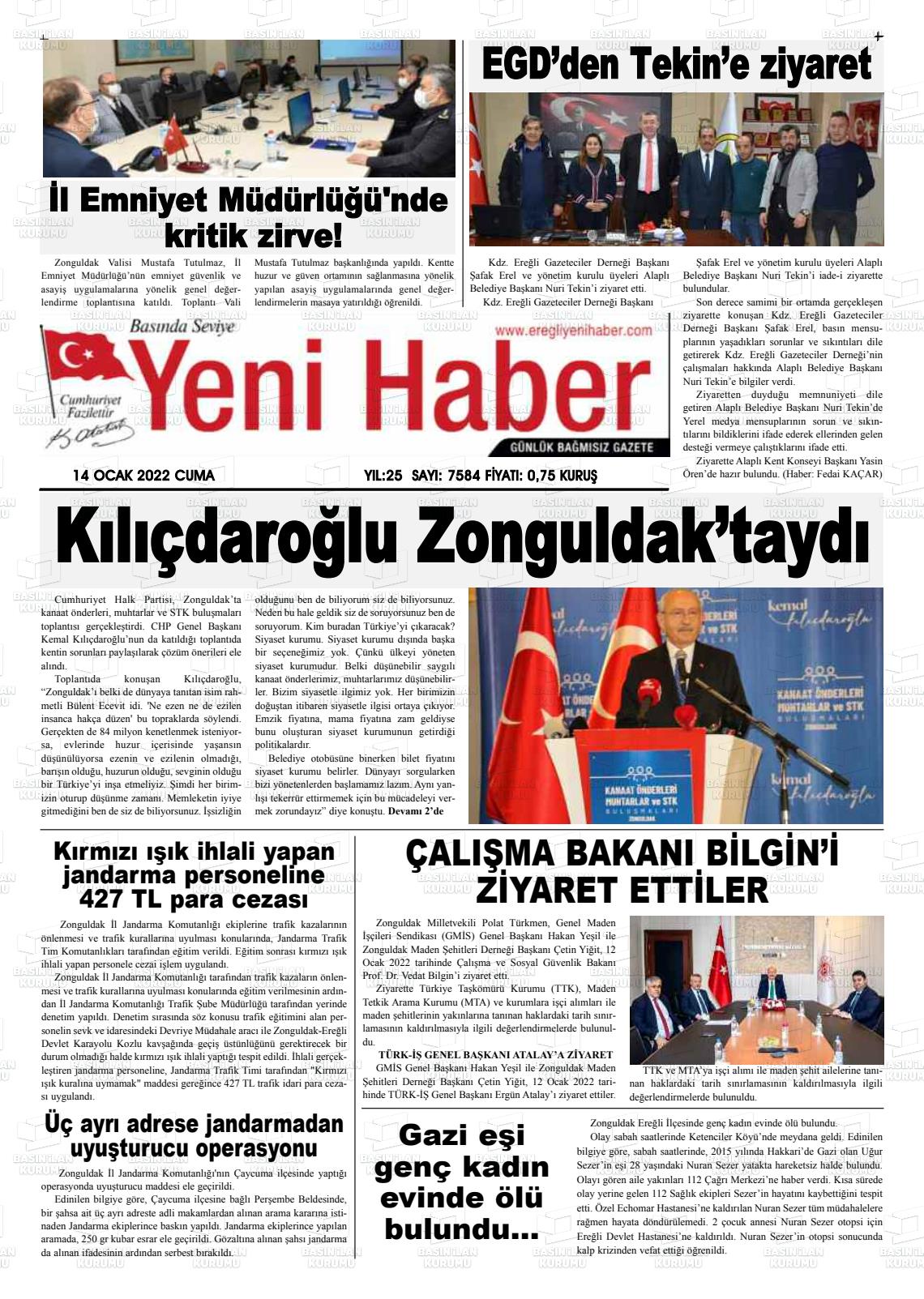 14 Ocak 2022 Ereğli Yeni Haber Gazete Manşeti