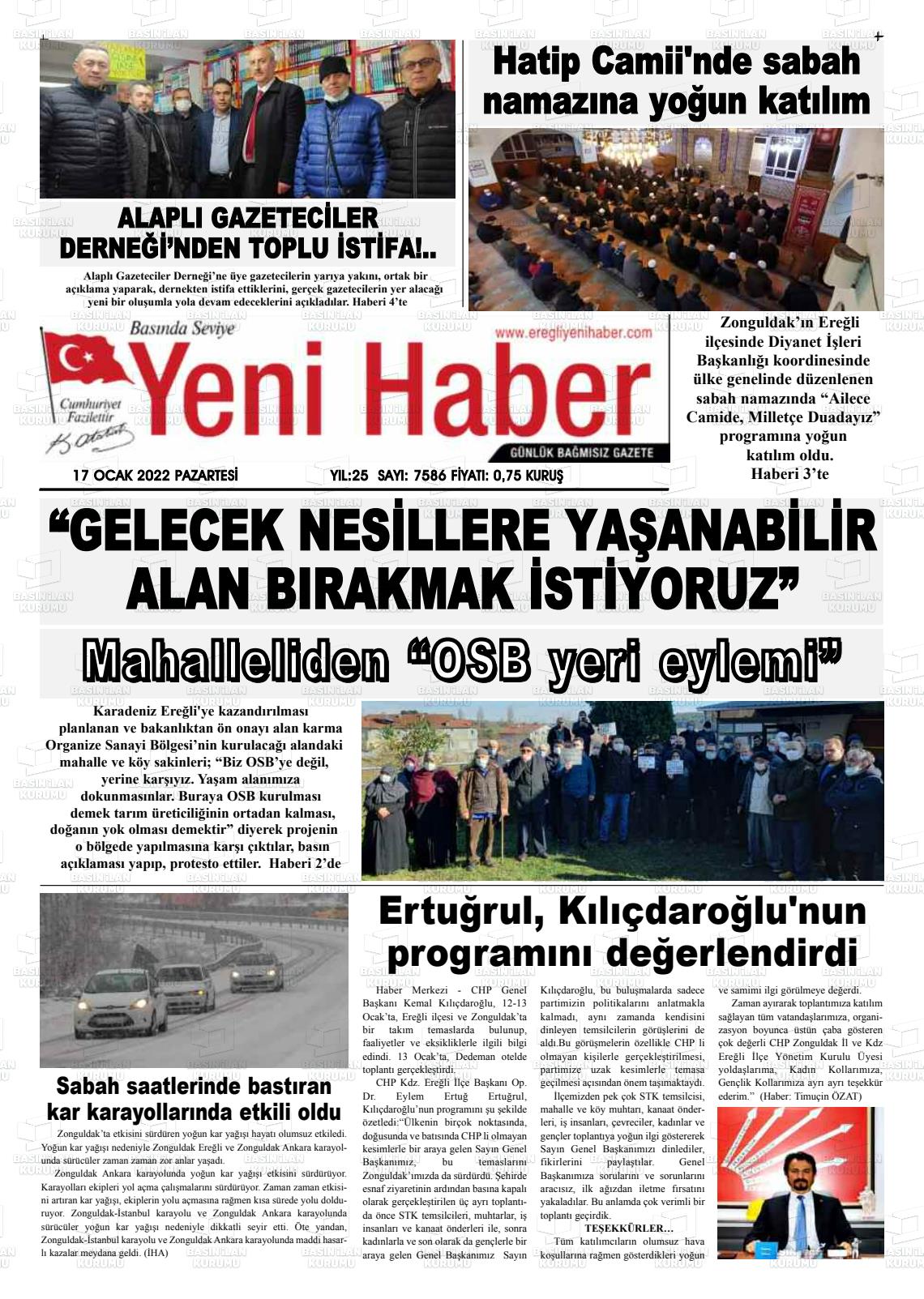 17 Ocak 2022 Ereğli Yeni Haber Gazete Manşeti