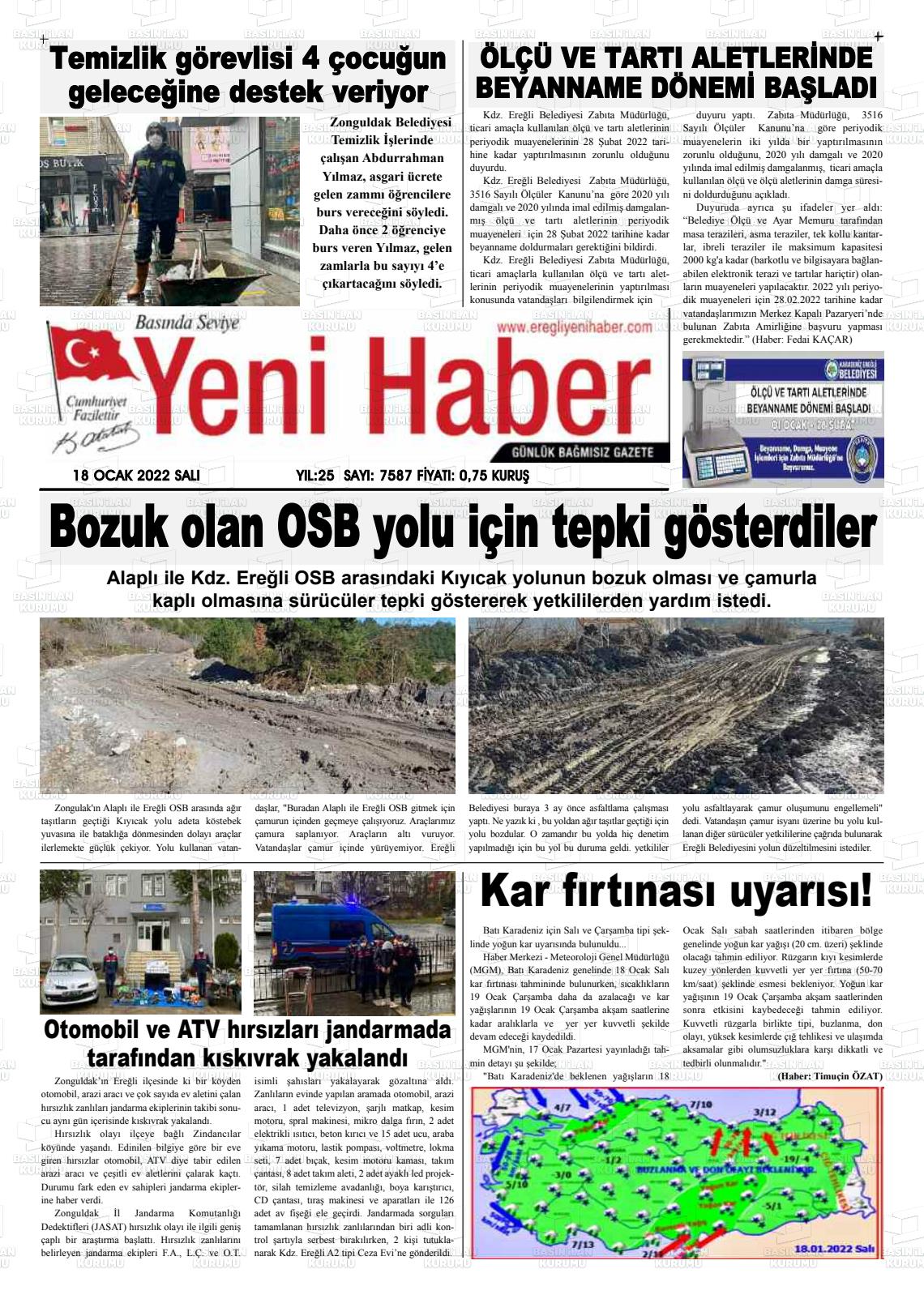 18 Ocak 2022 Ereğli Yeni Haber Gazete Manşeti