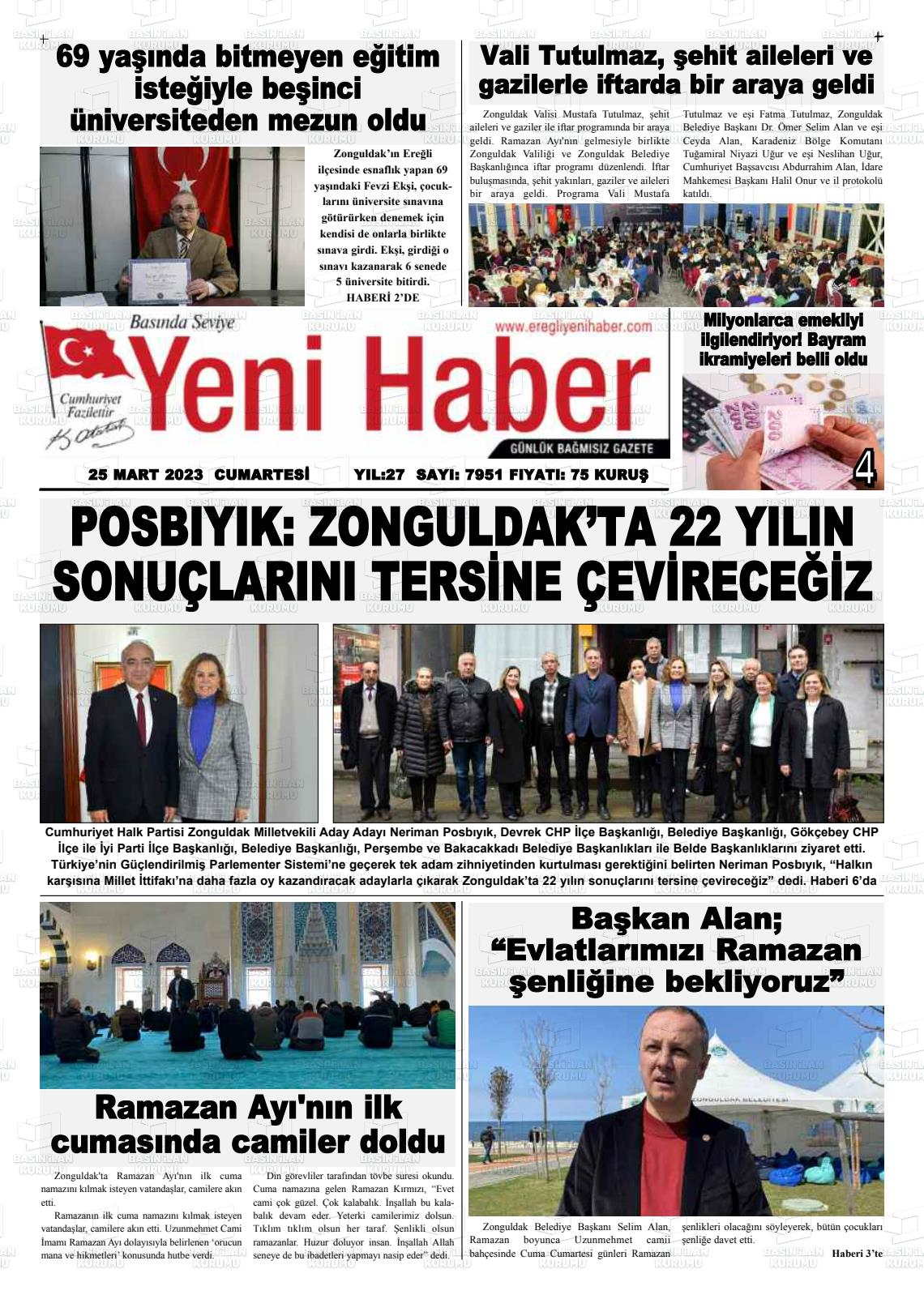 25 Mart 2023 Ereğli Yeni Haber Gazete Manşeti