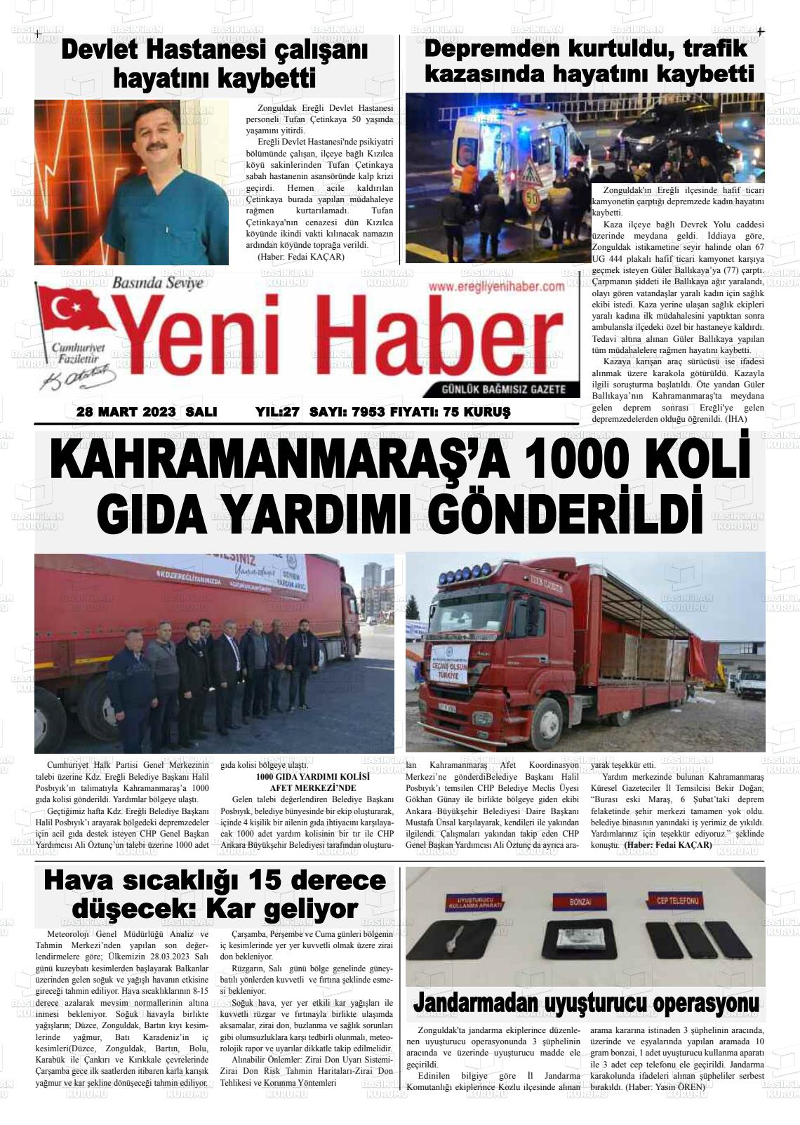 28 Mart 2023 Ereğli Yeni Haber Gazete Manşeti