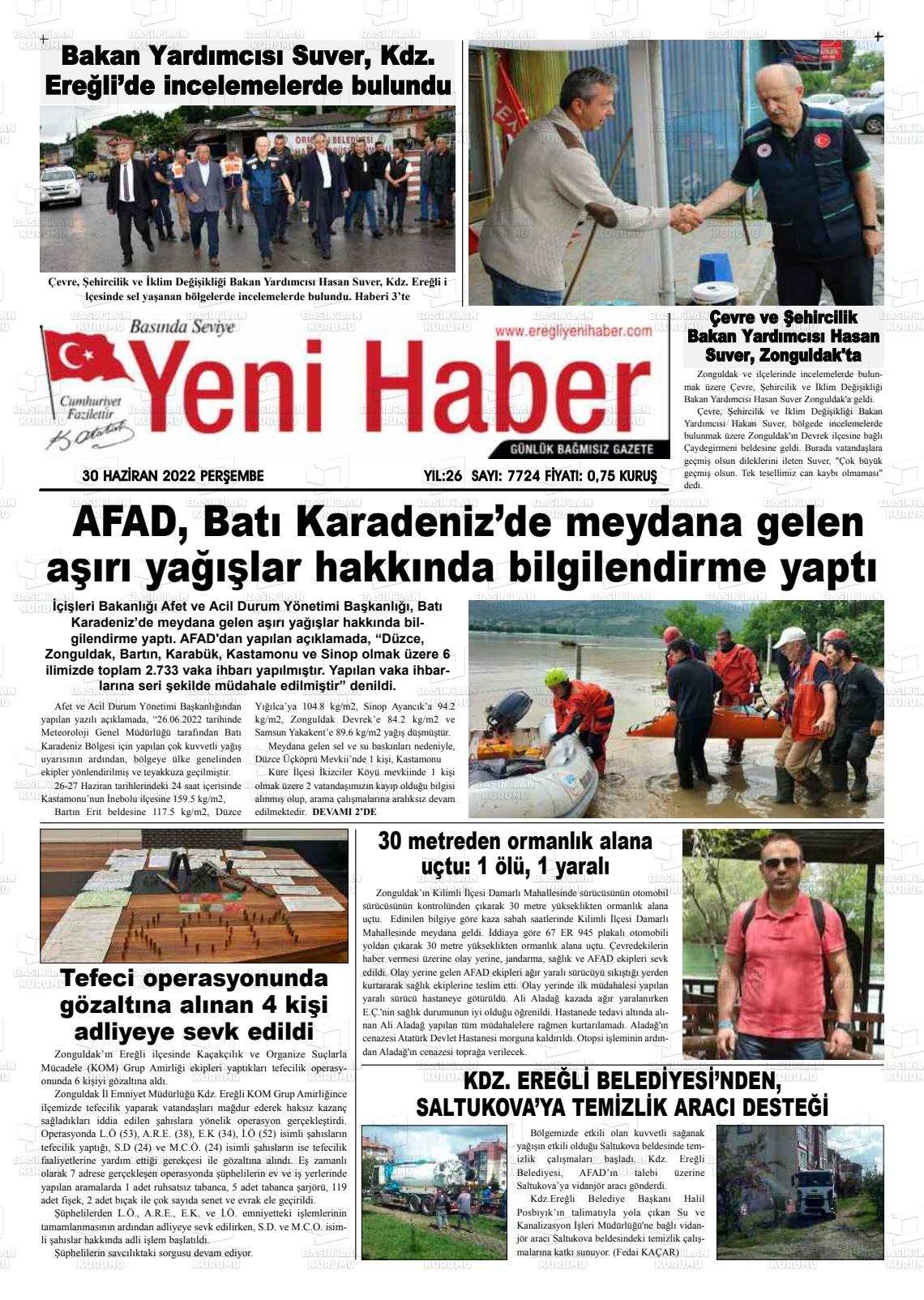30 Haziran 2022 Ereğli Yeni Haber Gazete Manşeti