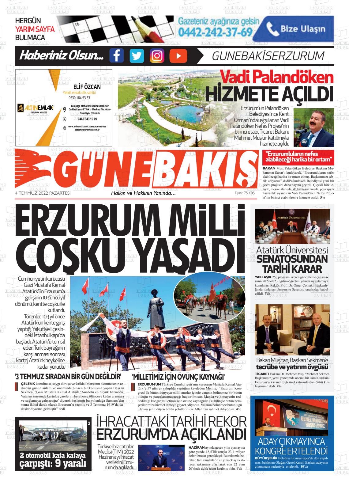 04 Temmuz 2022 Erzurum Günebakış Gazete Manşeti
