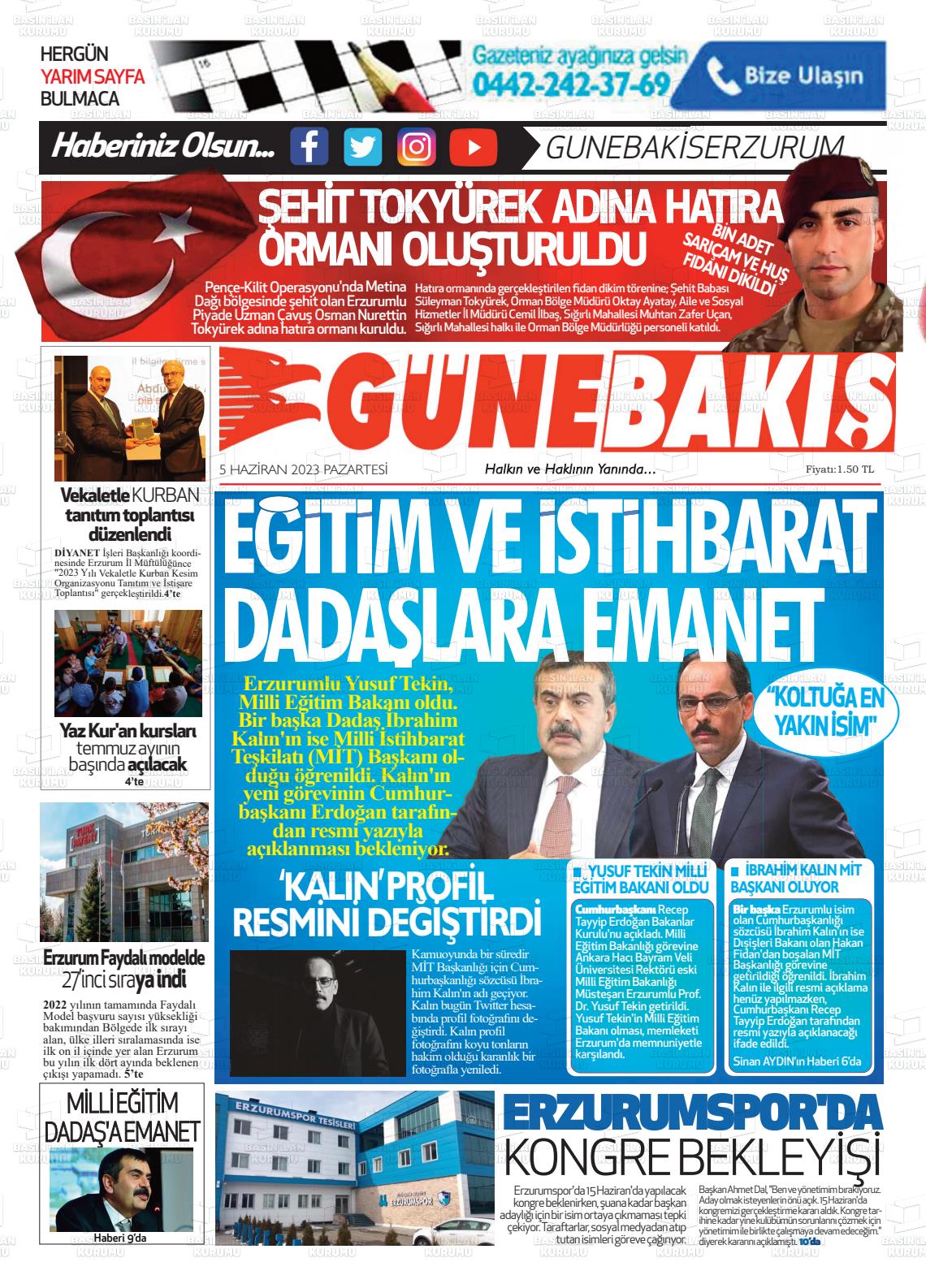 05 Haziran 2023 Erzurum Günebakış Gazete Manşeti