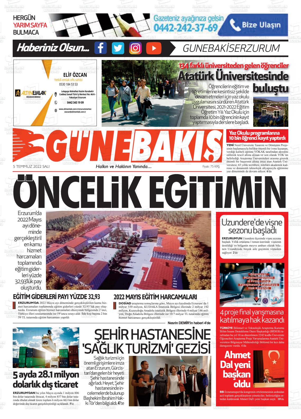 05 Temmuz 2022 Erzurum Günebakış Gazete Manşeti