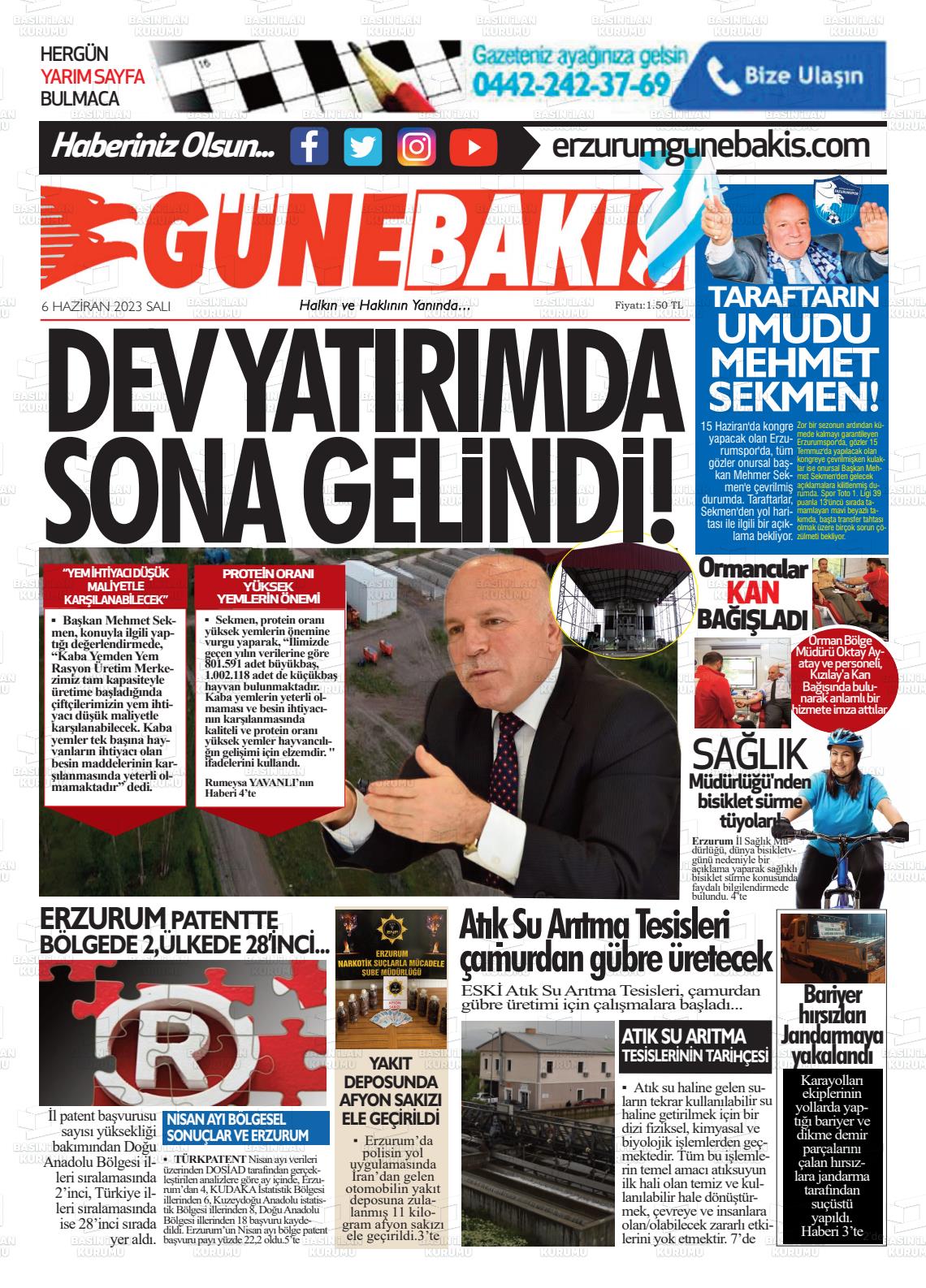 06 Haziran 2023 Erzurum Günebakış Gazete Manşeti