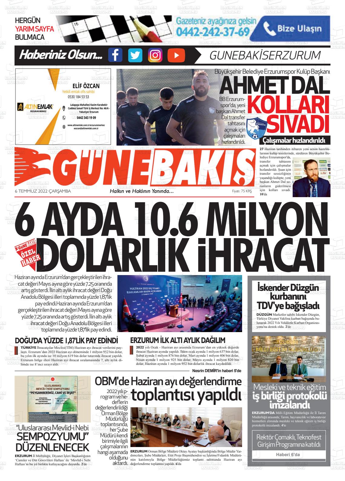06 Temmuz 2022 Erzurum Günebakış Gazete Manşeti