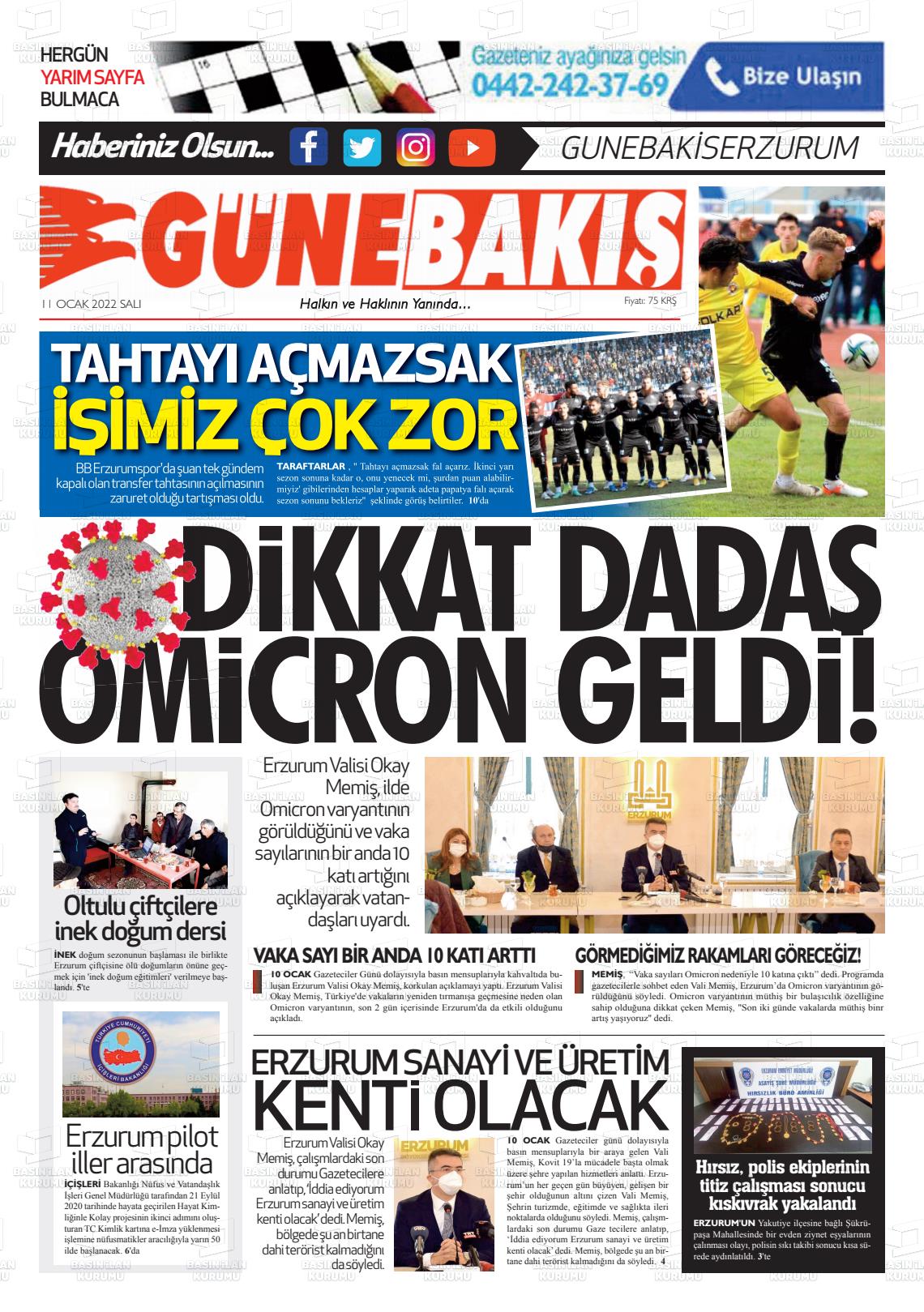11 Ocak 2022 Erzurum Günebakış Gazete Manşeti