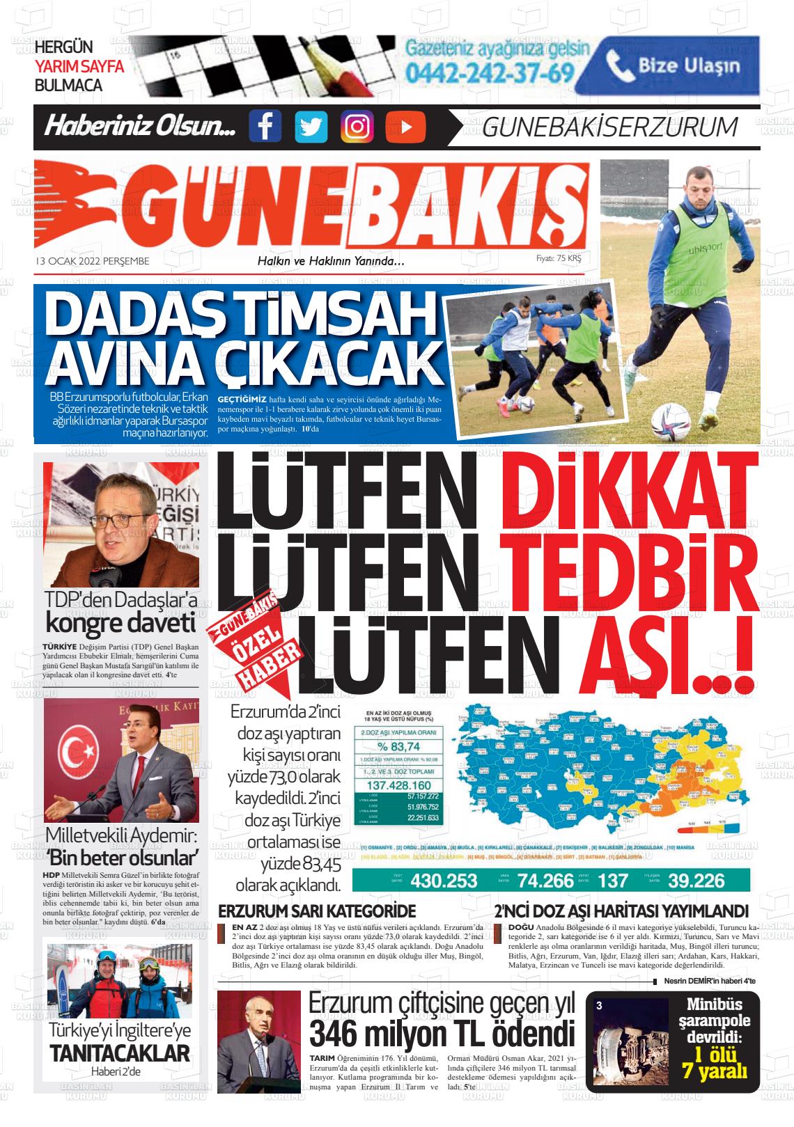 13 Ocak 2022 Erzurum Günebakış Gazete Manşeti