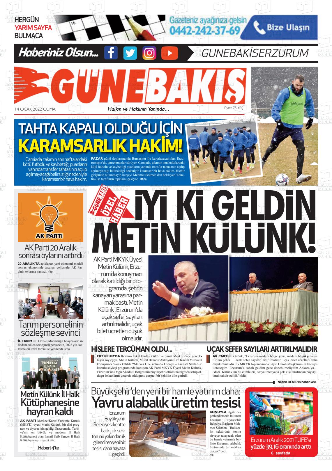 14 Ocak 2022 Erzurum Günebakış Gazete Manşeti