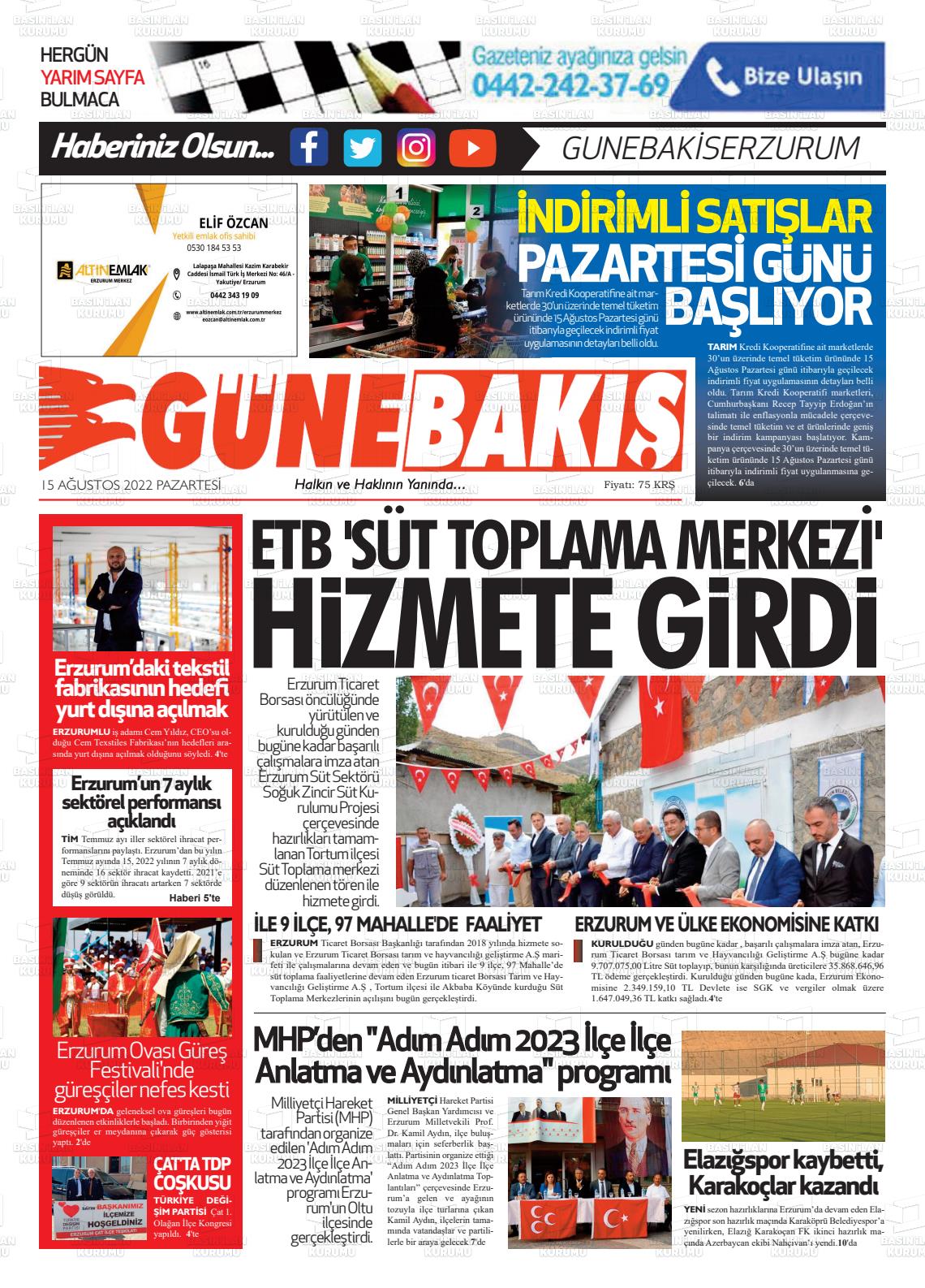 15 Ağustos 2022 Erzurum Günebakış Gazete Manşeti