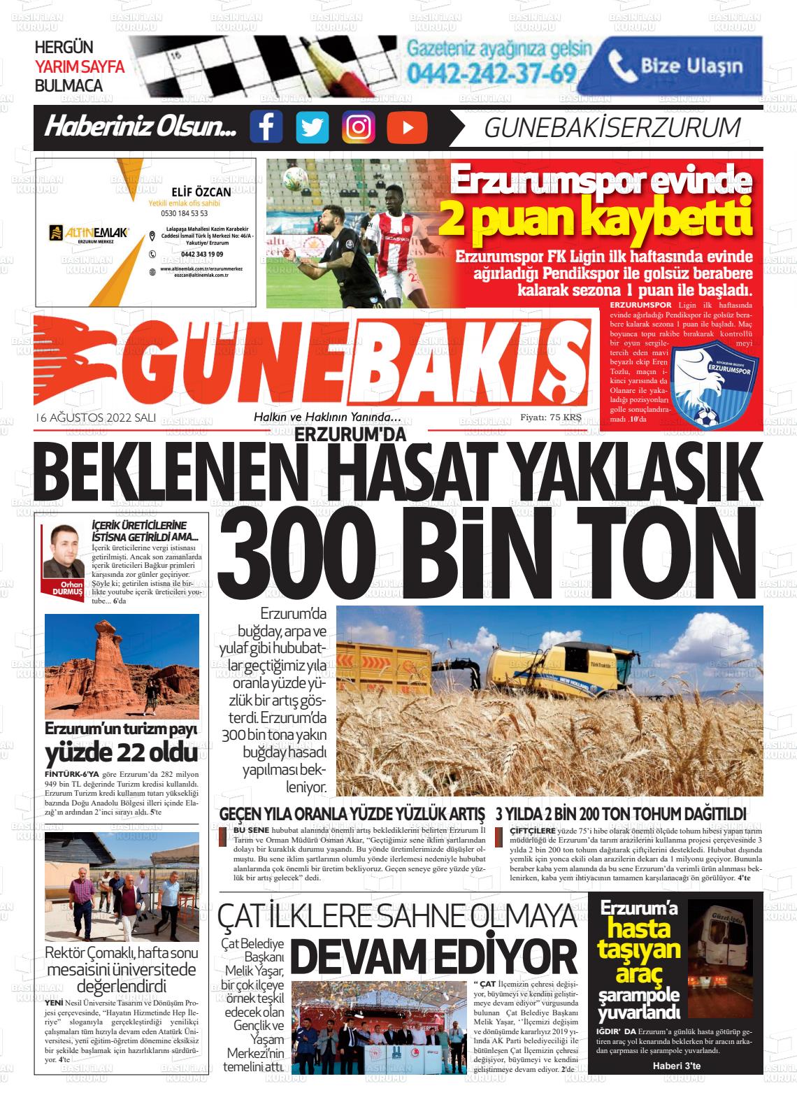16 Ağustos 2022 Erzurum Günebakış Gazete Manşeti