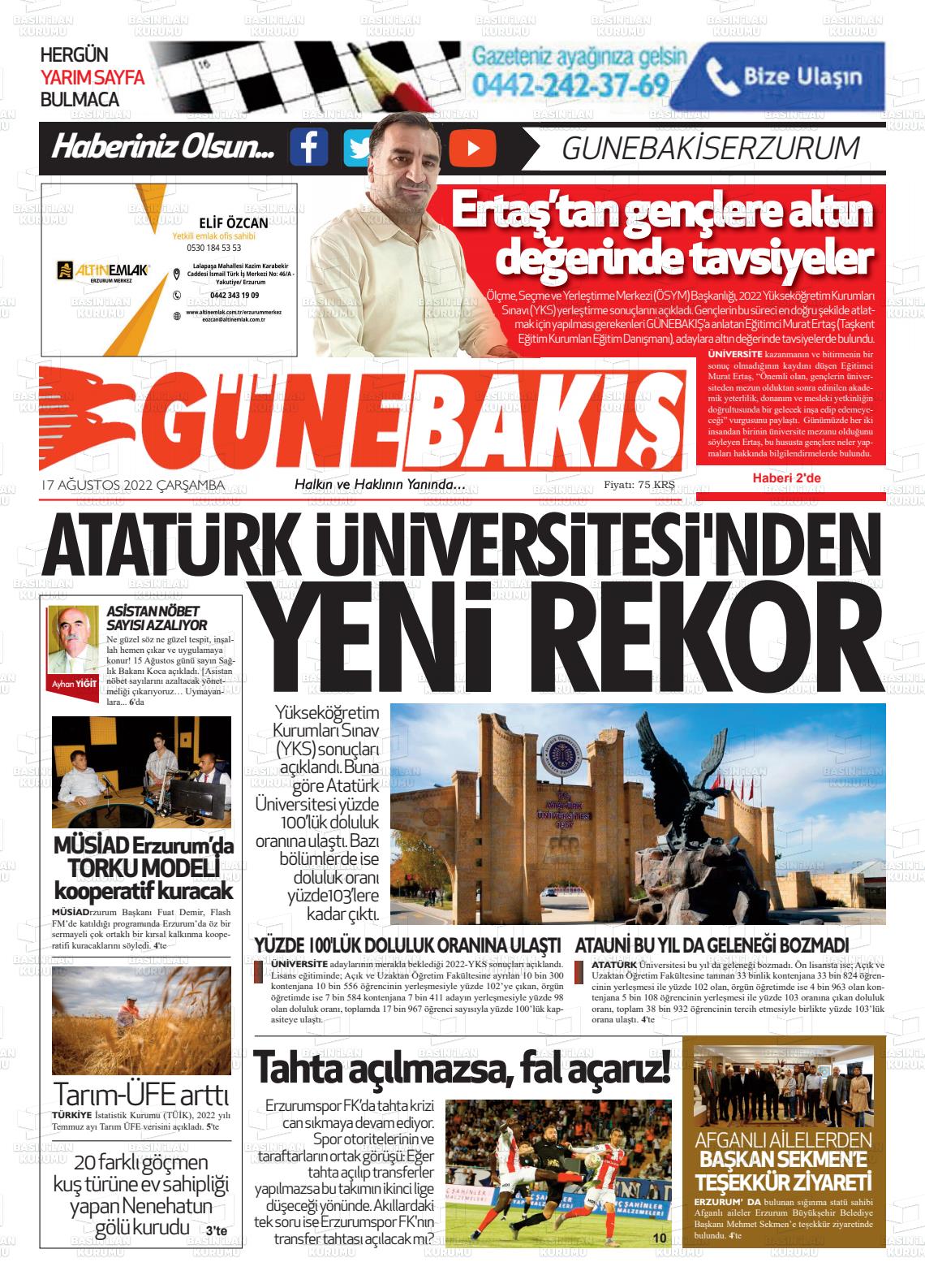 17 Ağustos 2022 Erzurum Günebakış Gazete Manşeti