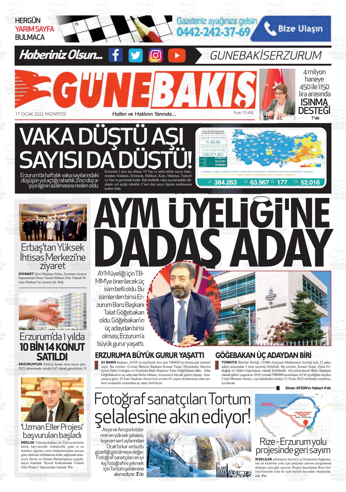 17 Ocak 2022 Erzurum Günebakış Gazete Manşeti