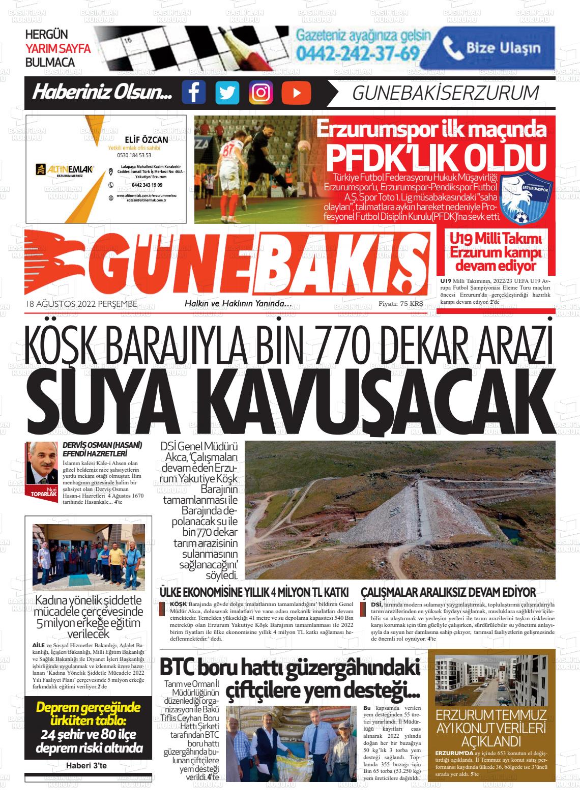 18 Ağustos 2022 Erzurum Günebakış Gazete Manşeti