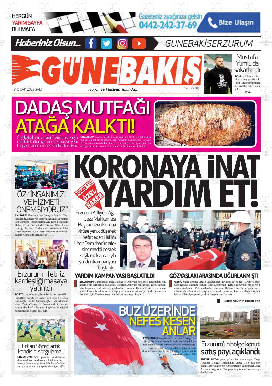 18 Ocak 2022 Erzurum Günebakış Gazete Manşeti