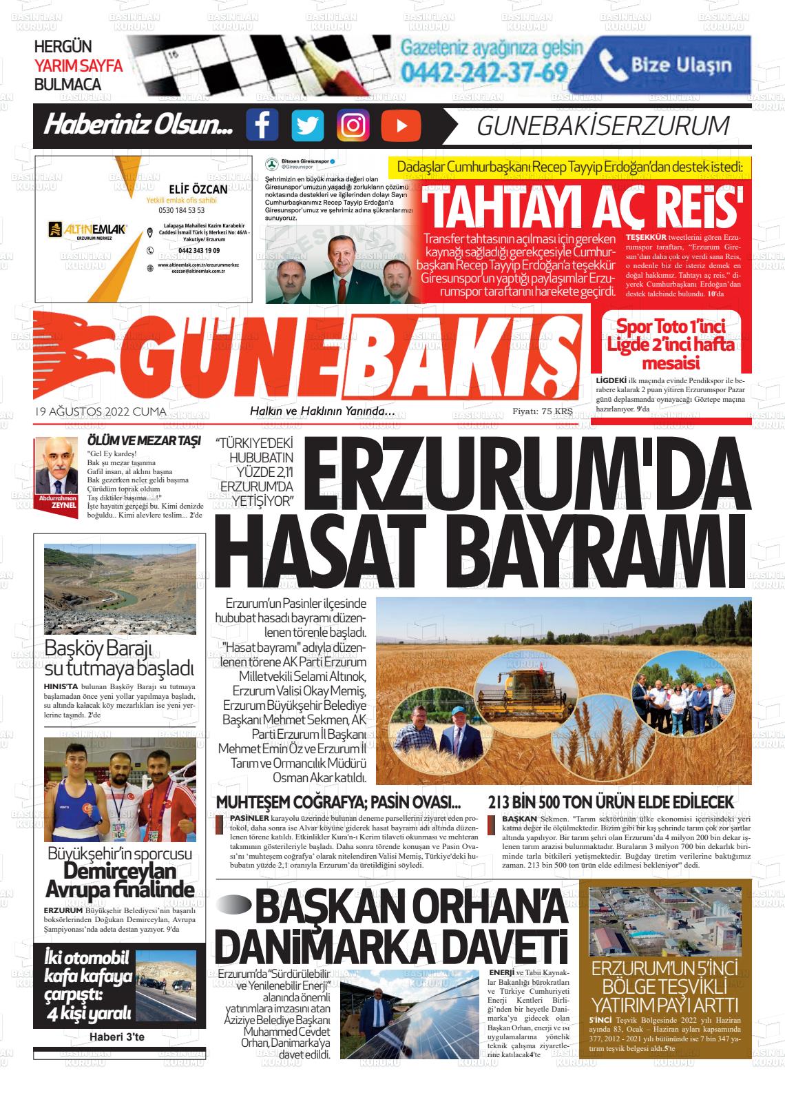 19 Ağustos 2022 Erzurum Günebakış Gazete Manşeti