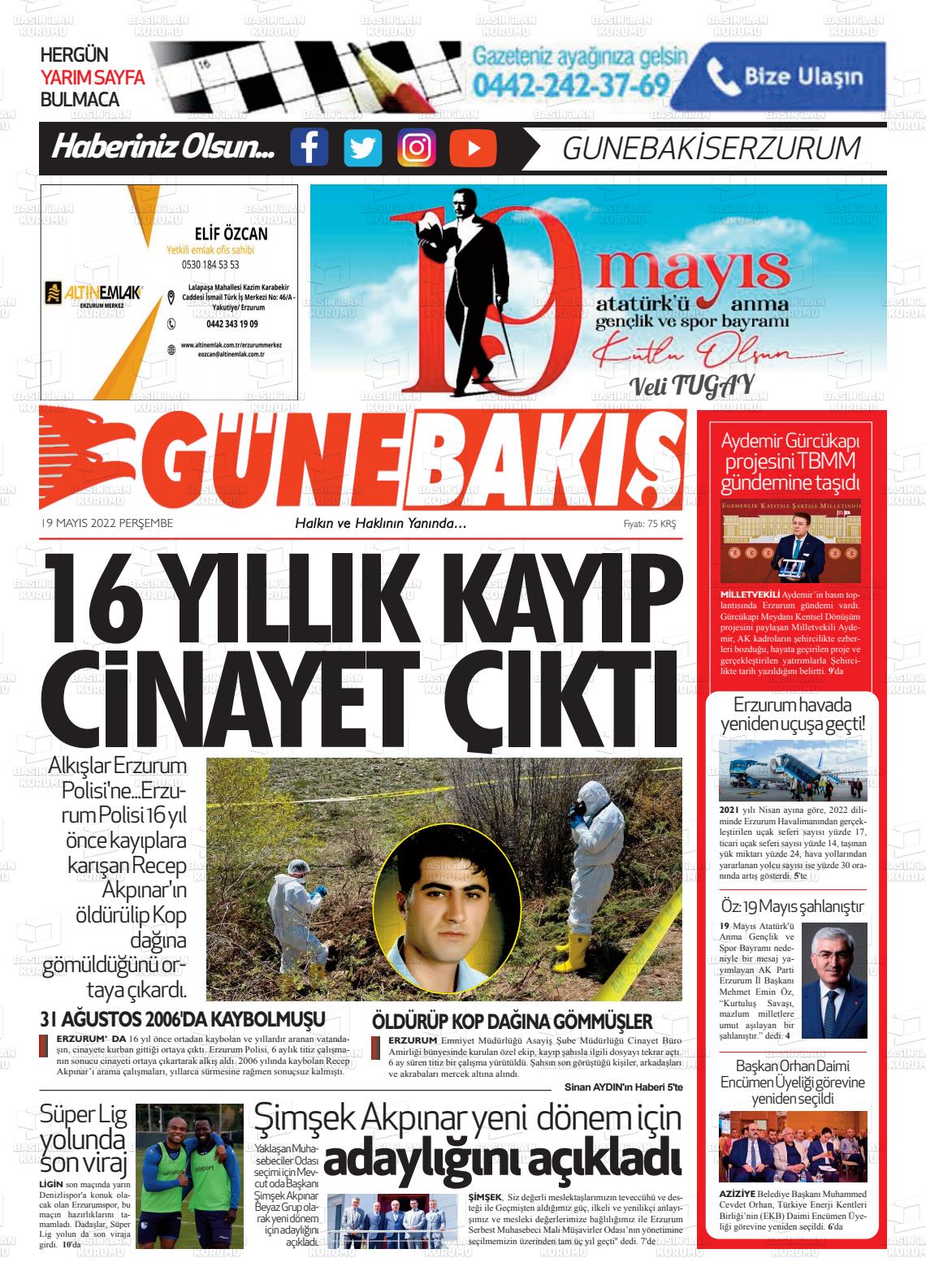 19 Mayıs 2022 Erzurum Günebakış Gazete Manşeti