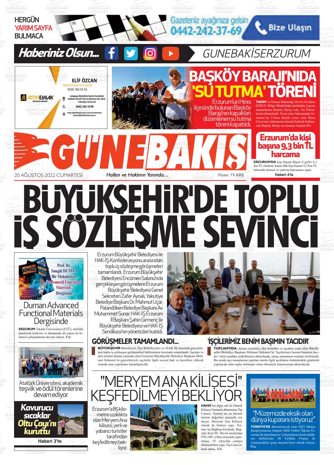 20 Ağustos 2022 Erzurum Günebakış Gazete Manşeti