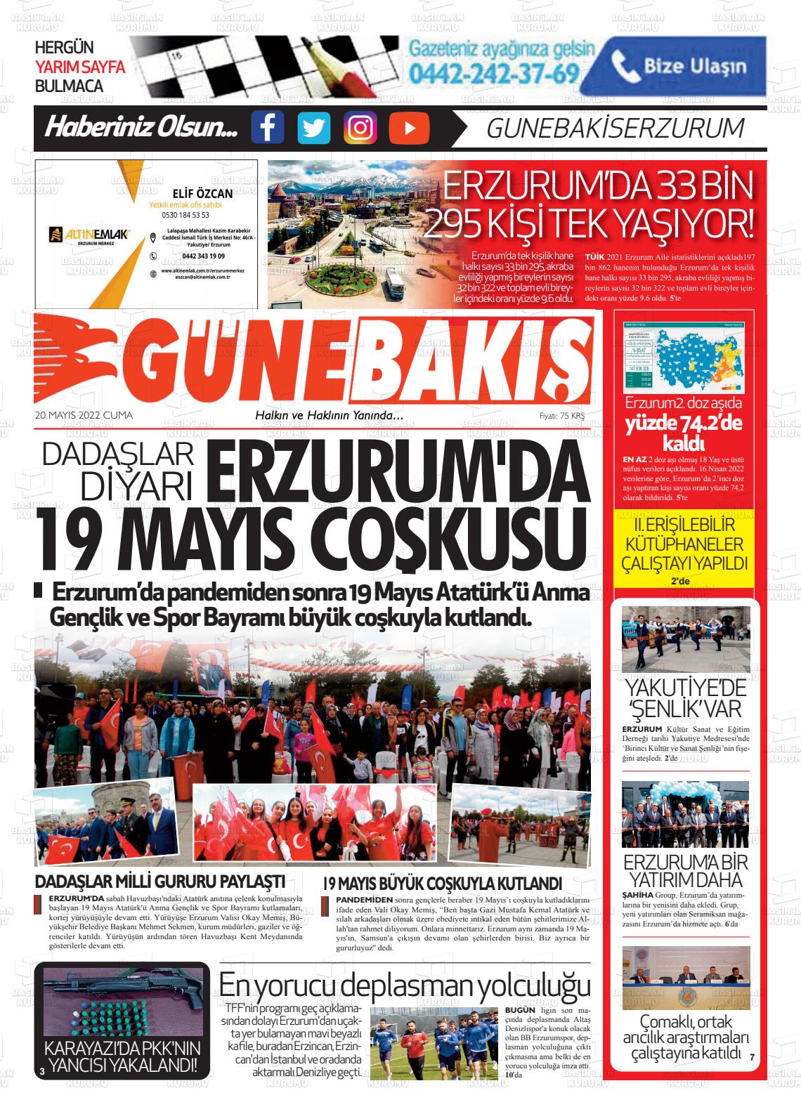 20 Mayıs 2022 Erzurum Günebakış Gazete Manşeti