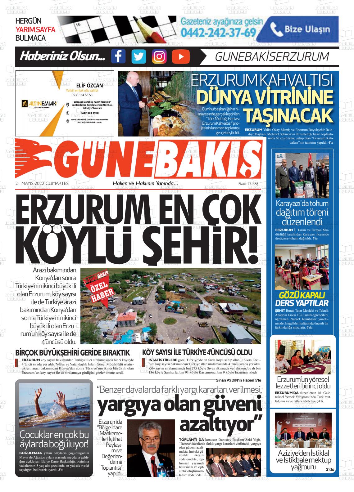 21 Mayıs 2022 Erzurum Günebakış Gazete Manşeti